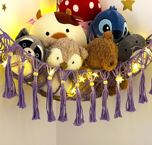 Miniatura 22 de Hamaca de peluche para almacenamiento de esquina, organizador de red de hamaca de juguete con luz LED, soporte de red de peluche para hamacas de