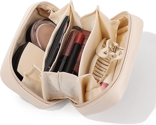 Miniatura 8 de Pocmimut Bolsa de maquillaje de piel sintética, bolsa de maquillaje de viaje, bolsa de maquillaje plana abierta para bolso, bolsa de maquillaje para