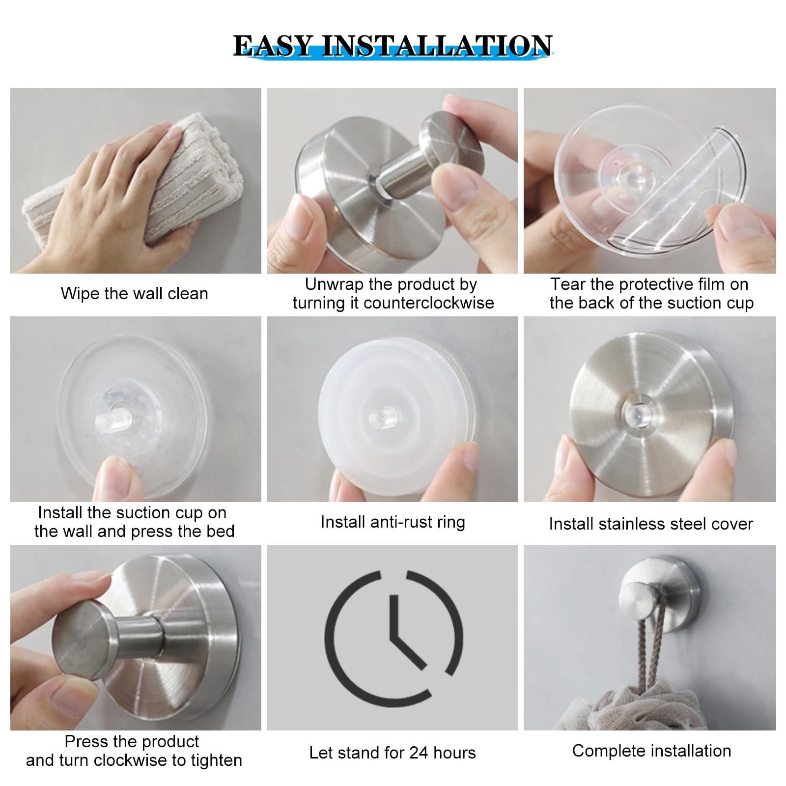 Ganchos de acero inoxidable con ventosa para baño, perchero de baño, ganchos para toallas, gancho para bata, con acabado cepillado plateado (6)