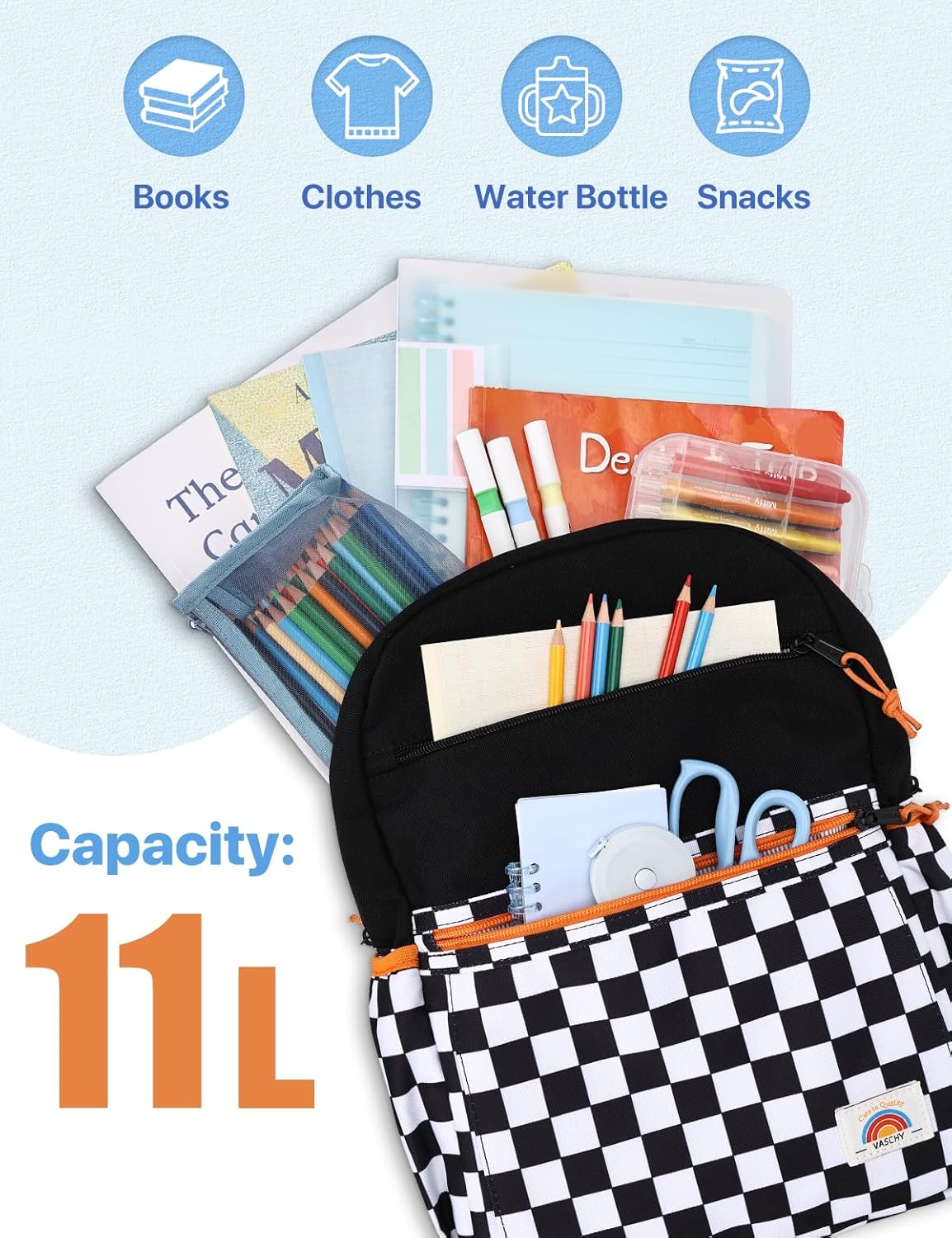 VASCHY Toddler Backpack, Boys Lightweight Color-block Small Kids Backpack Bookbag for Preschool/Kindergarten/Daycare/Travel Black Plaid