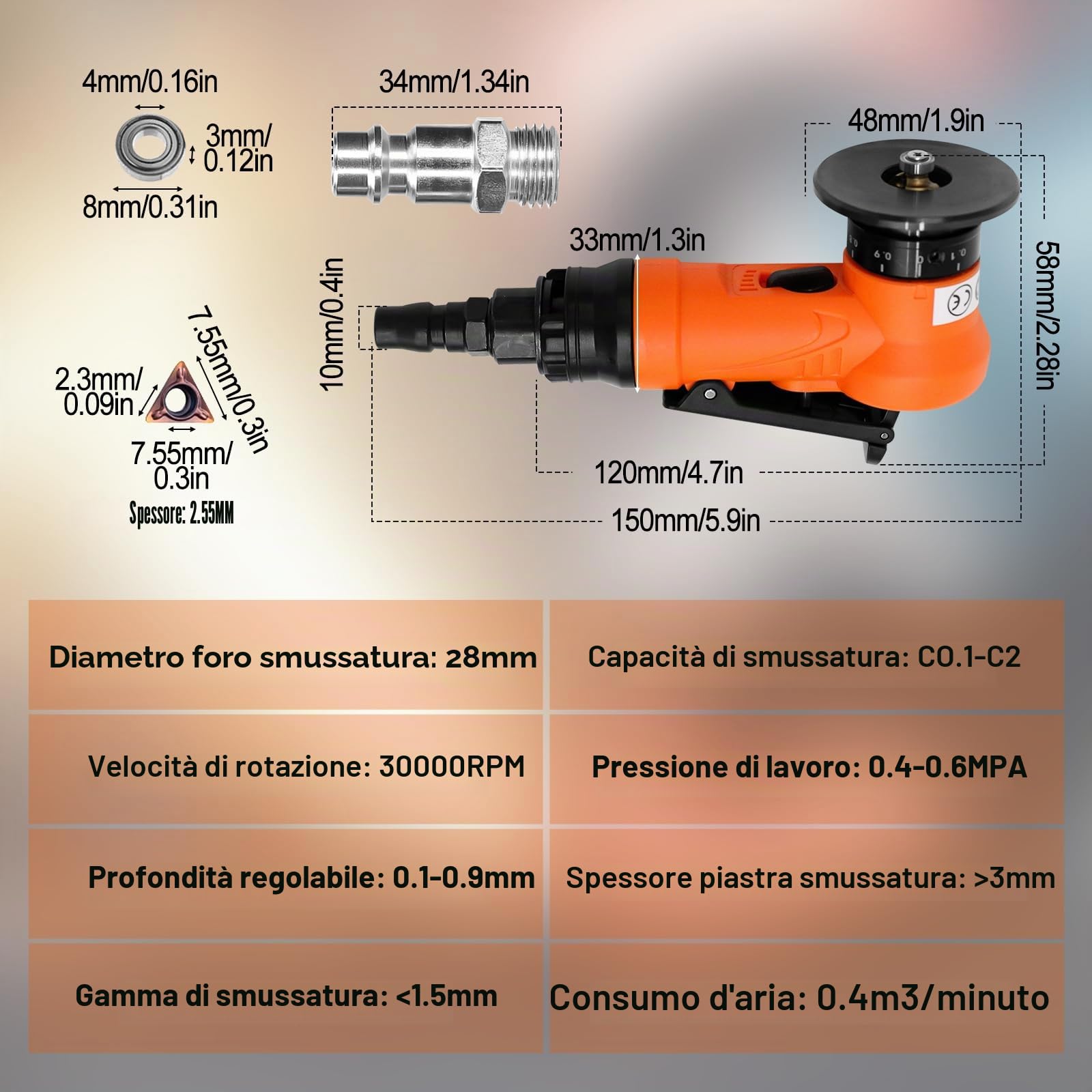 Set di smussatrici pneumatiche 2 in 1 a 45° con lama e cuscinetto, smerigliatrice manuale per angoli ad arco, ingresso aria 1/4 di pollice per sbavatura in metallo e legno (lame ad angolo di 6 C)