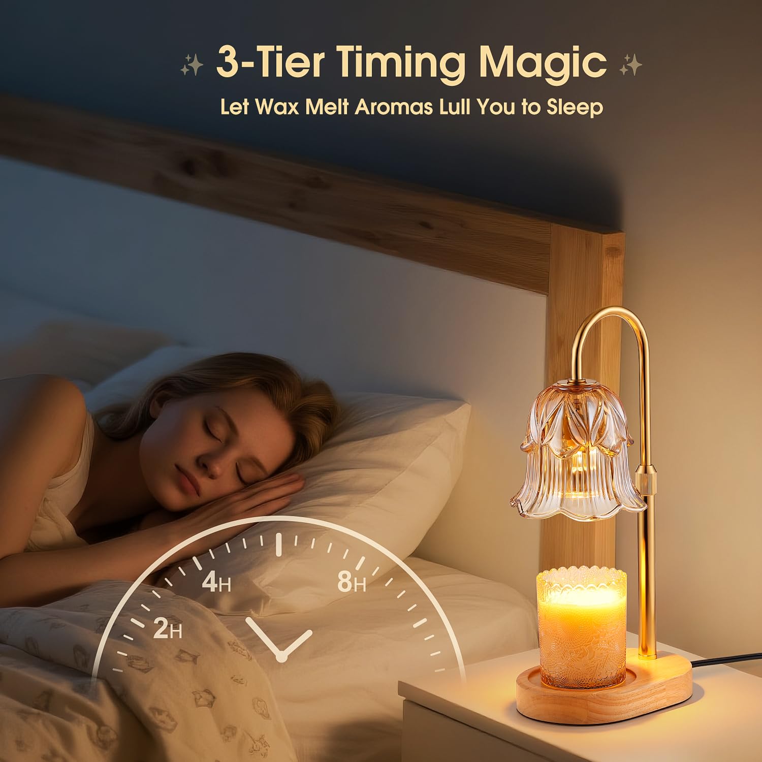 Candle Warmer Lamp with Timer - Adjustable Height Electric Candle Warmer Lamp with Dimmer, Flower Glass Shade Wax Melt Warmer with Wood Base, Dimmable Halogen Candle Warmer for Jar Candles Home Decor - 5