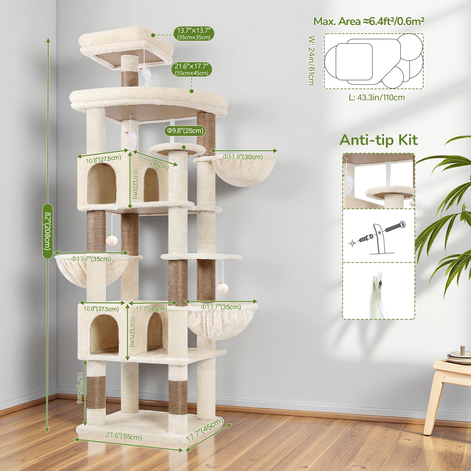 Globlazer S82 Cat Tree Tower dimensions and anti-tip kit