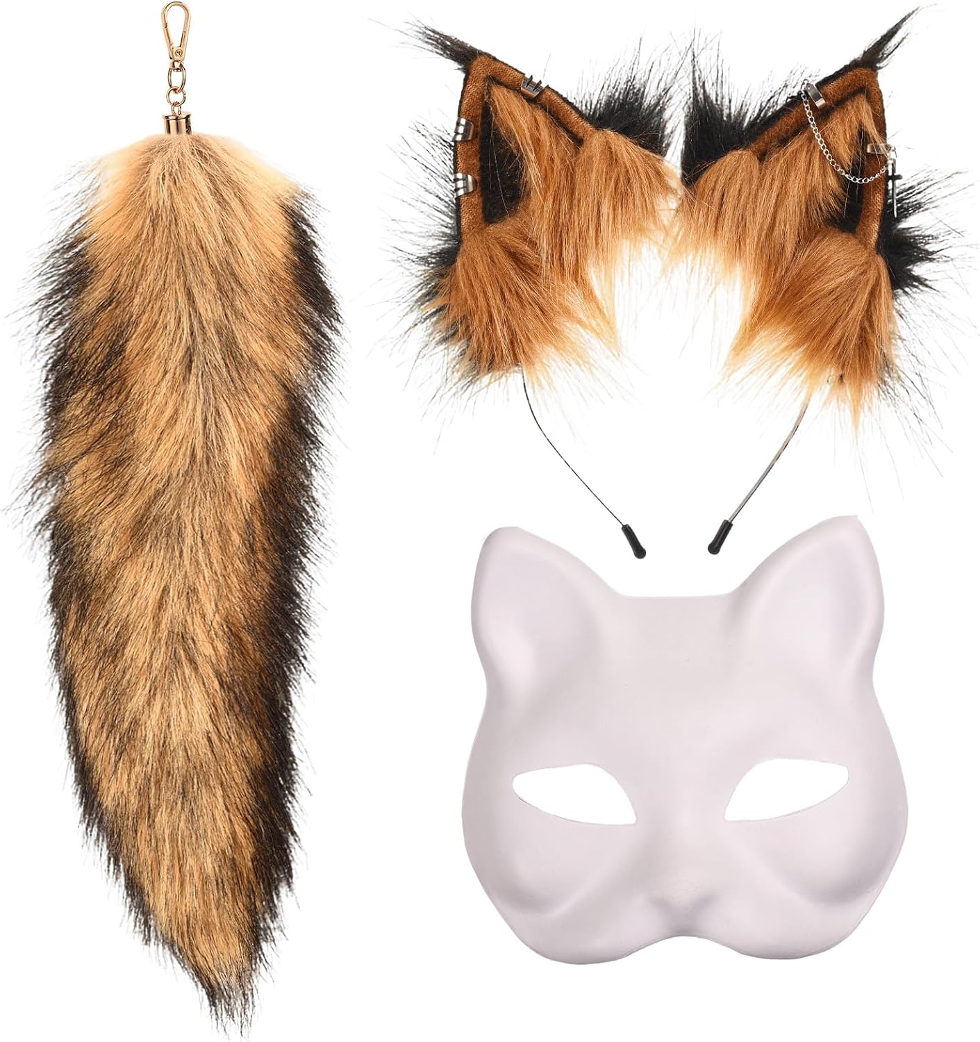 BADALU Therian Mask and Tail Set for Girls Halloween Furry Fox mask Wolf tail Cat Costume Ears Headband Faux Fur tail Cosplay Party