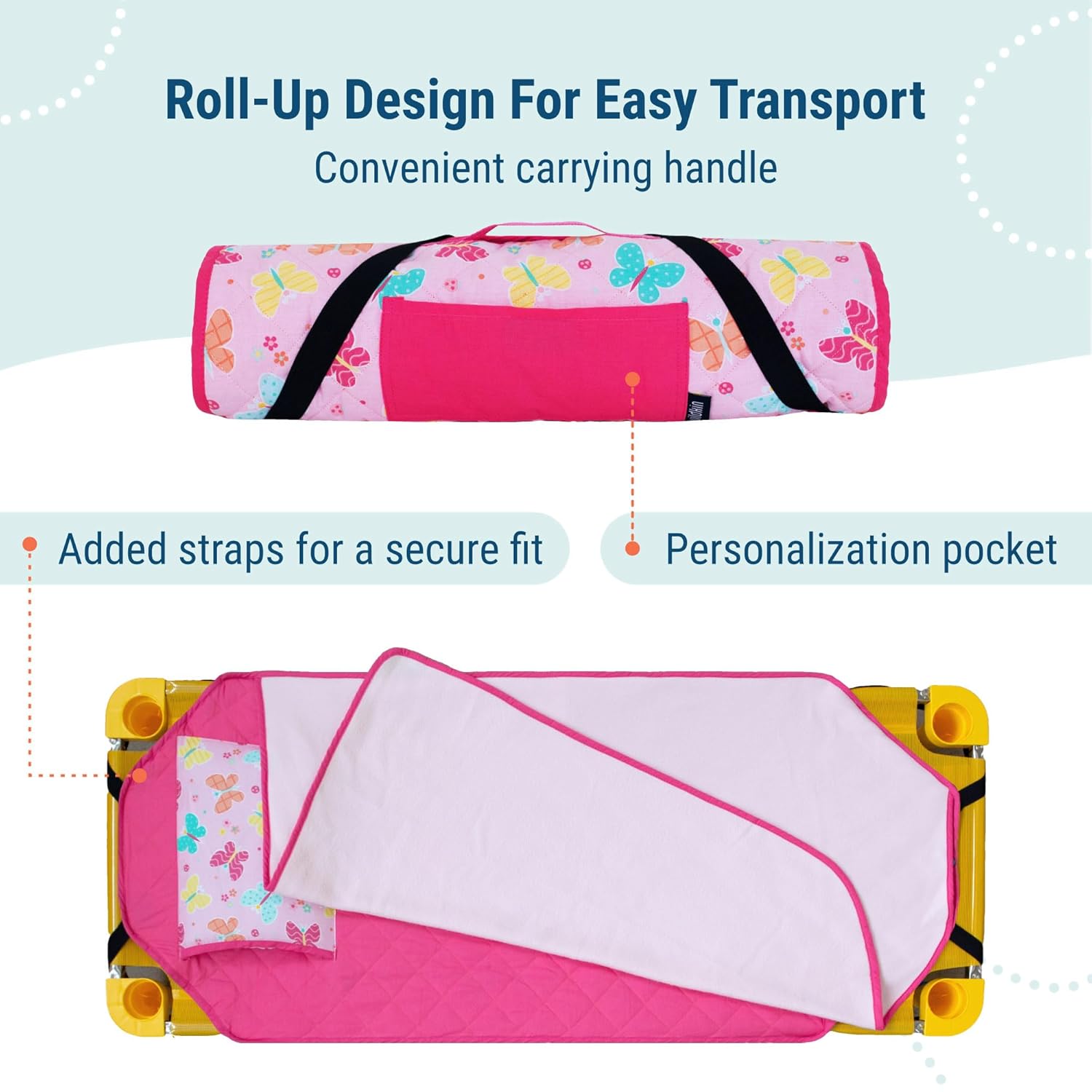 Wildkin Modern Kids Nap Mat – Soft Cotton Blend with Pillow & Elastic Straps for School & Travel - Butterfly Garden