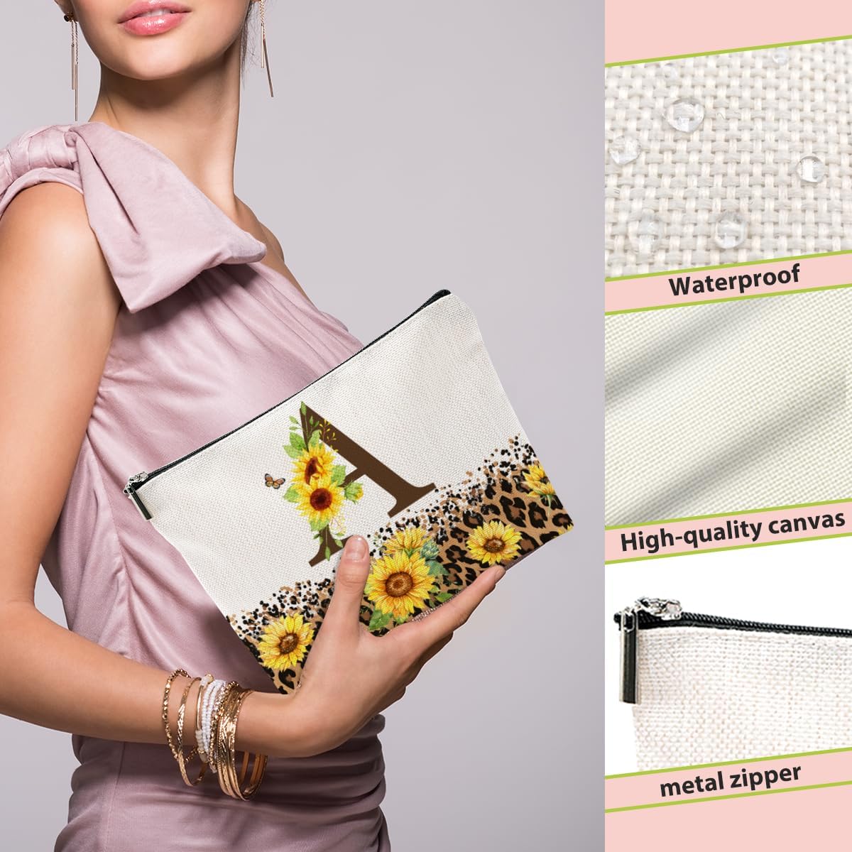 Initial Personalized A Makeup Bag Sunflowers Gifts Monogram Cosmetic Bag image 3
