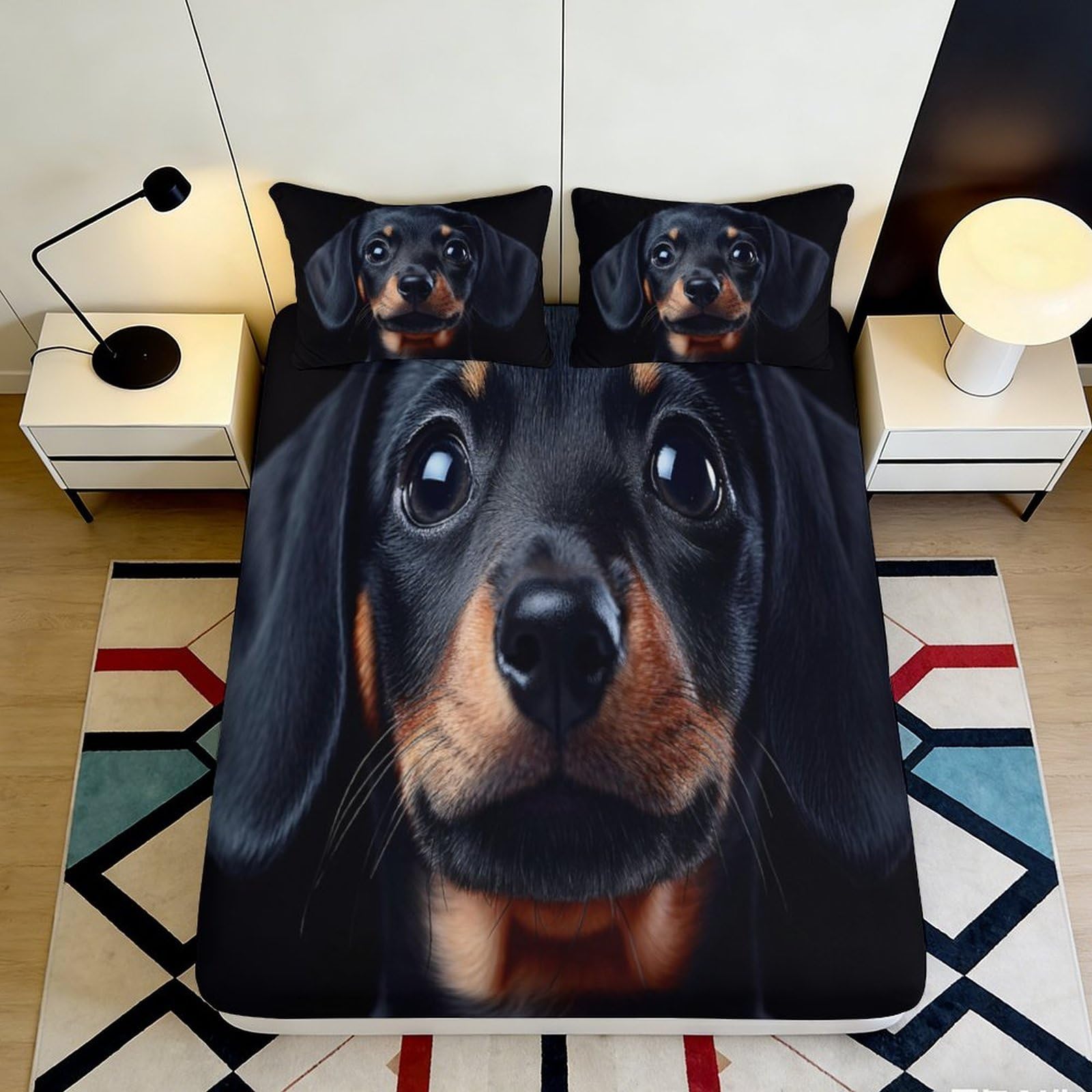 3D Printed Dachshund Dog Fitted Sheet Microfiber Soft Breathable Puppy Face Bed Cover for Bedroom Dormitory Guest Room Mattress Protection Decor 120x200x25cm