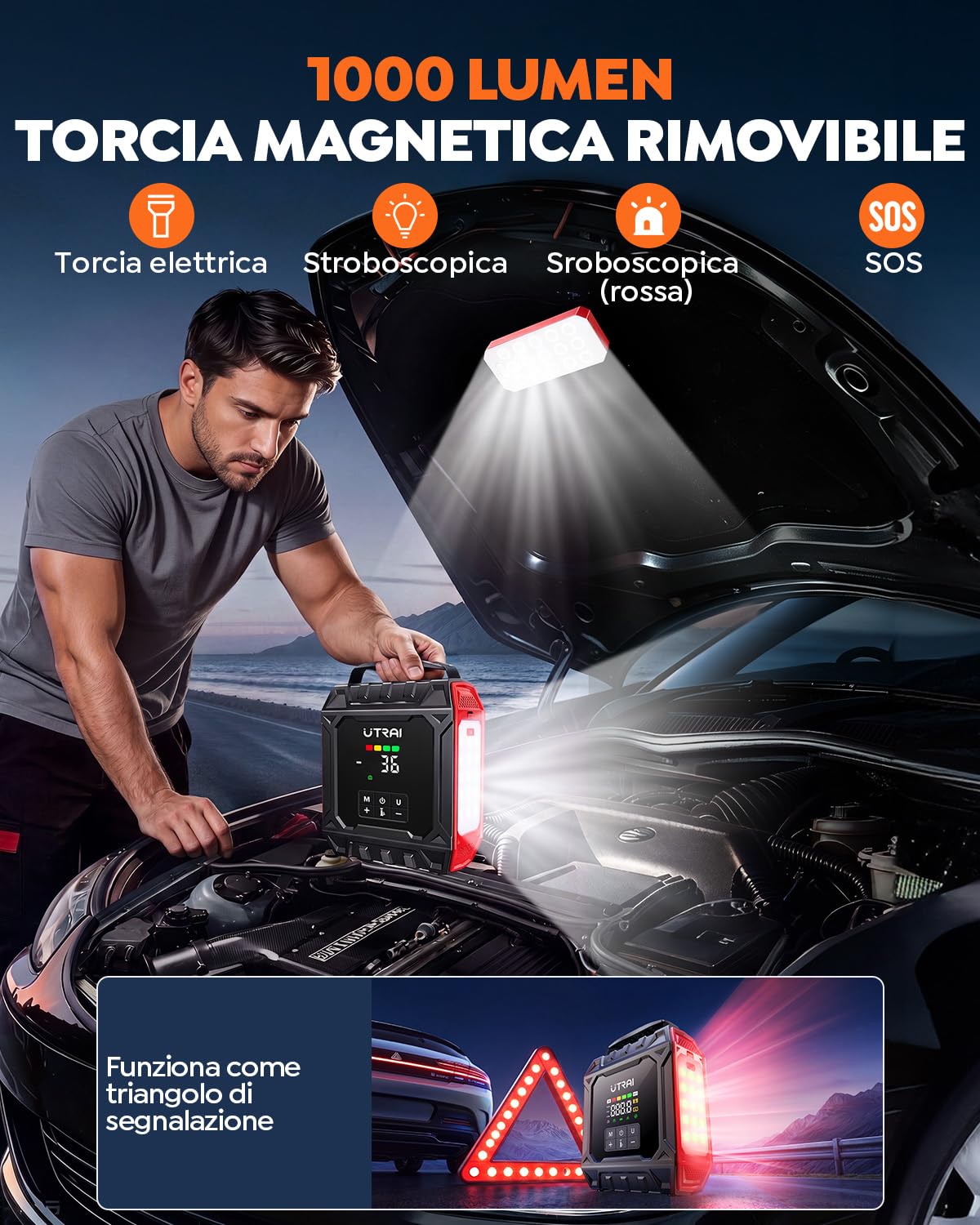 8000A Avviatore Batteria Auto con 160PSI Compressore (ALL Gas/10.0L Diesel) | UTRAI Avviatore Emergenza per Auto 12V Booster Avviamento Auto con Luce Magnetica da 1000 Lumen, Kit Riparazione Pneumatici