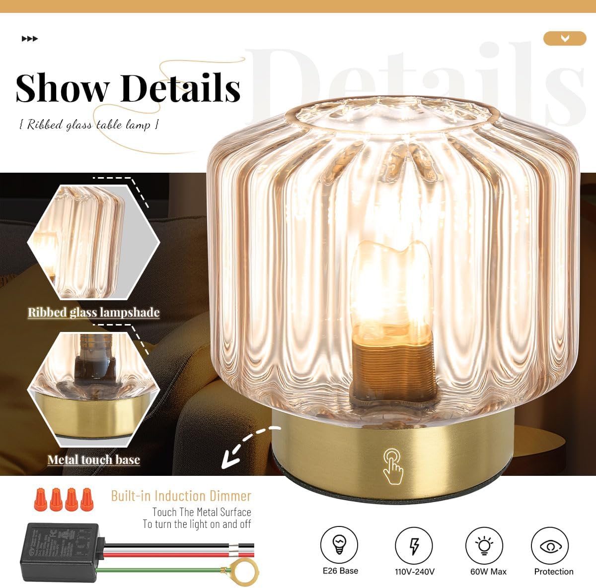 Mid Century Modern Table lamp Small Table Lamps with Touch Switch Amber Glass Table lamp Gold Desk lamp nightstand lamp Bedside Table Lamps for Bedroom Living Room Office