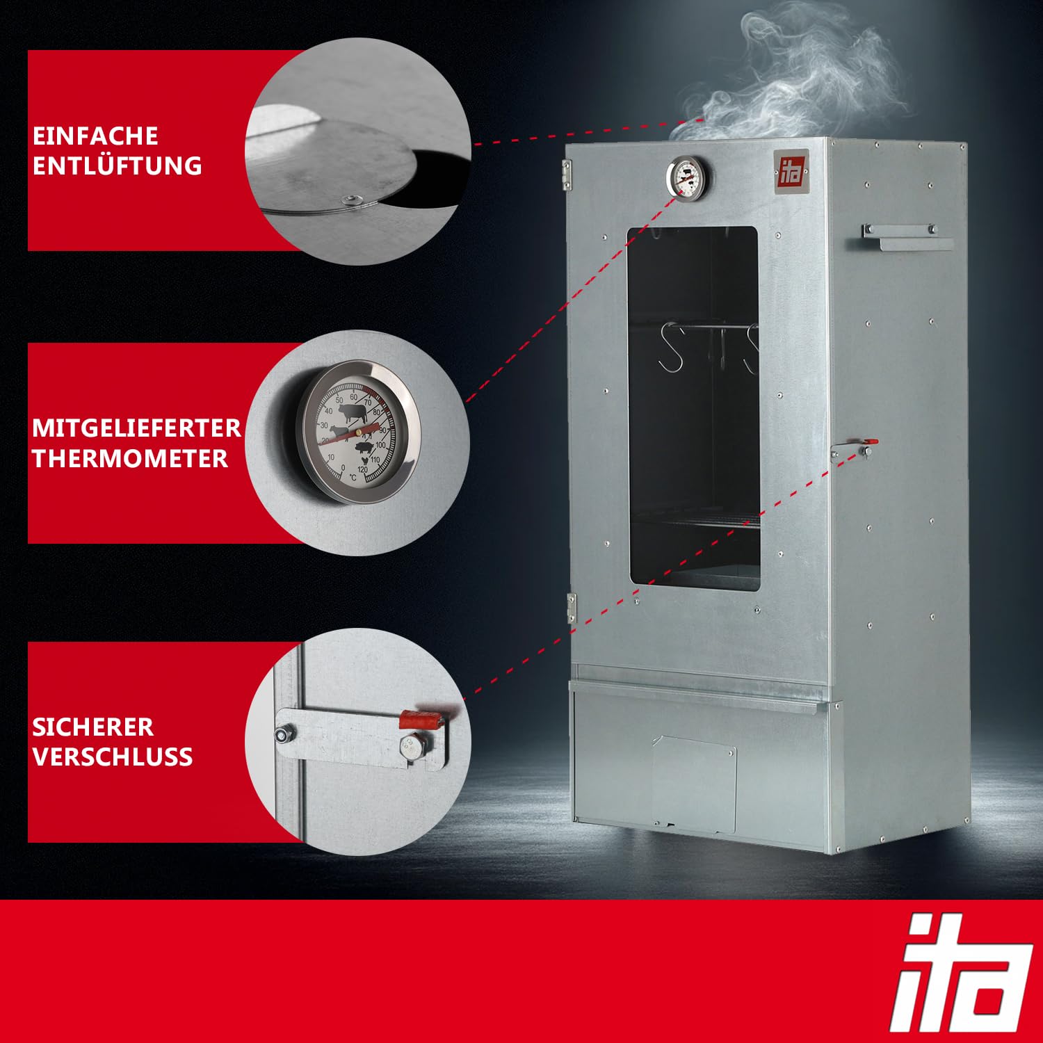 ITA Räucherofen 7000 - Premium Räucherschrank mit 3 Etagen - Legierter Stahl, mit Sichtfenster & Thermometer - EU Qualität Direkt vom Hersteller - Smoker zum Kalträuchern & Heißräuchern