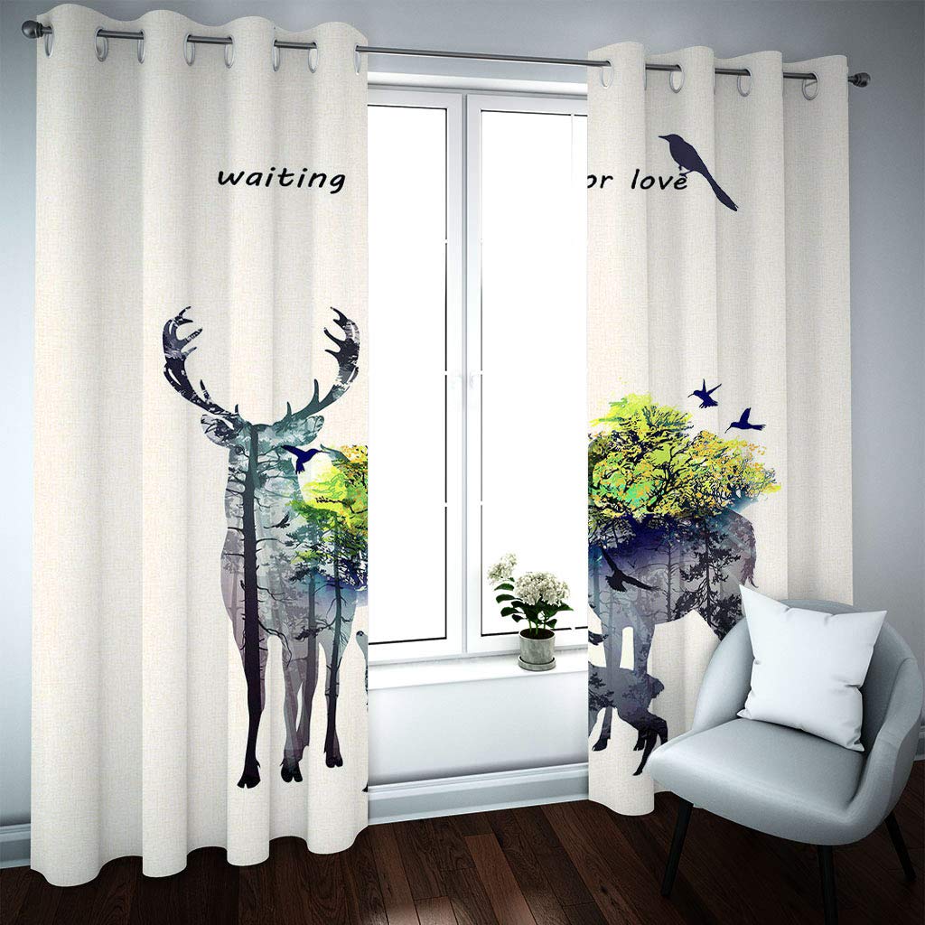Cortinas Niño Niña Habitacion Opacas Con Ojales 2 Piezas 3D Ciervos Esperando El Amor En Un Bosque Verde Sobre Fondo Blanco. Patrón 264X214Cm（An X Al）Cortinas Termicas Aislantes Frio Y Calor Salón
