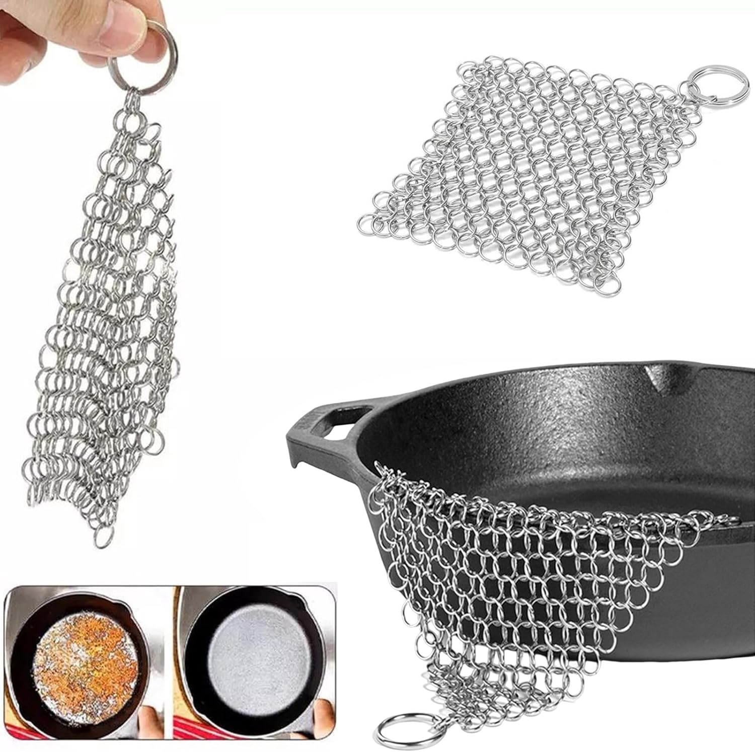 Matenf Cast Iron Scrubber 5"x5" 316 Stainless Steel Chain