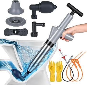 High Pressure Toilet Plunger, Toilet Snake Air Drain Blaster with Real -Time Barometer, Heavy Duty Drain Clog Remover for Bathroom, Floor, Shower, Kitchen Clogged Gery