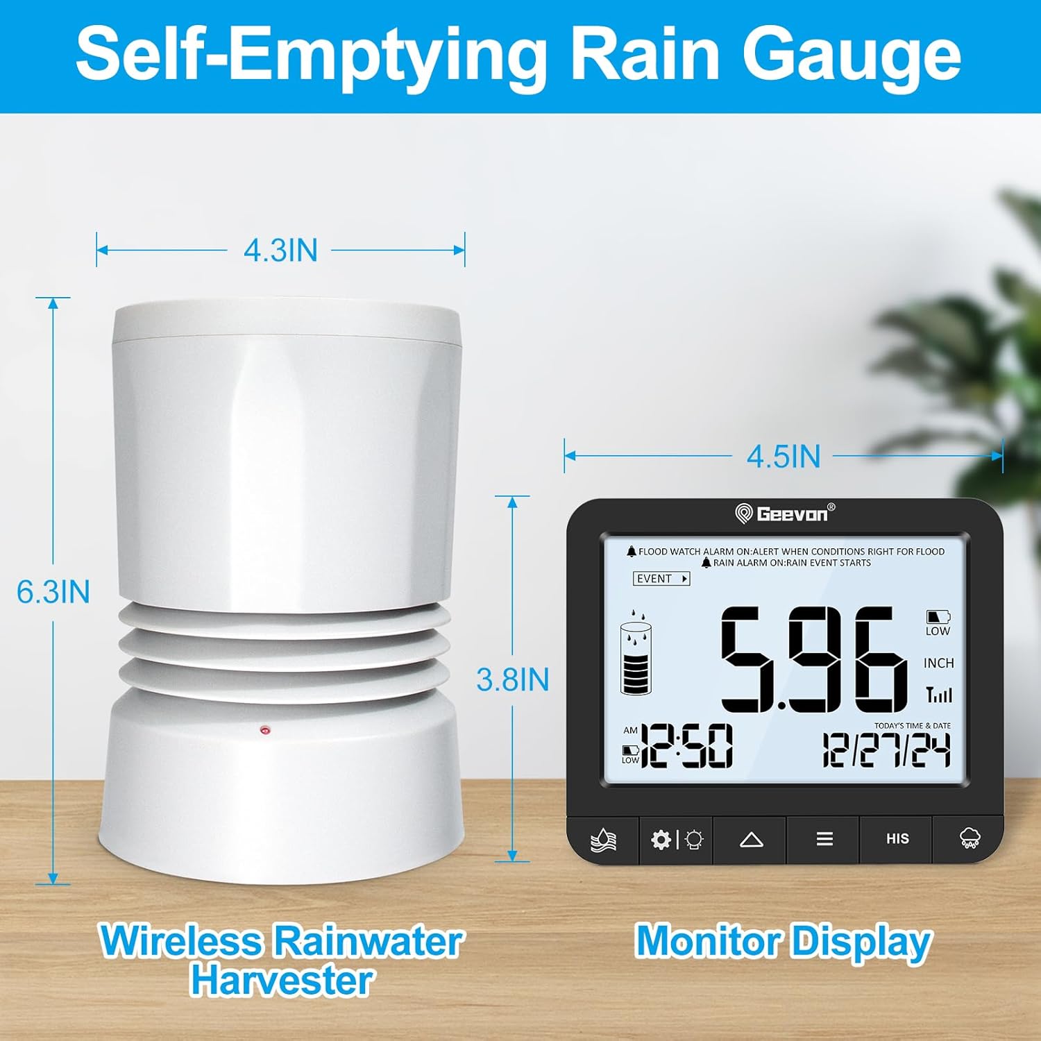 Geevon Digital Rain Gauge Outdoor, Self-Emptying Rain Collector with Alerts, Low Battery Warning Icon, Rainfall History and Current Date and Time, Suitable for Gardens, Farmland and Other Scenes - Image 6