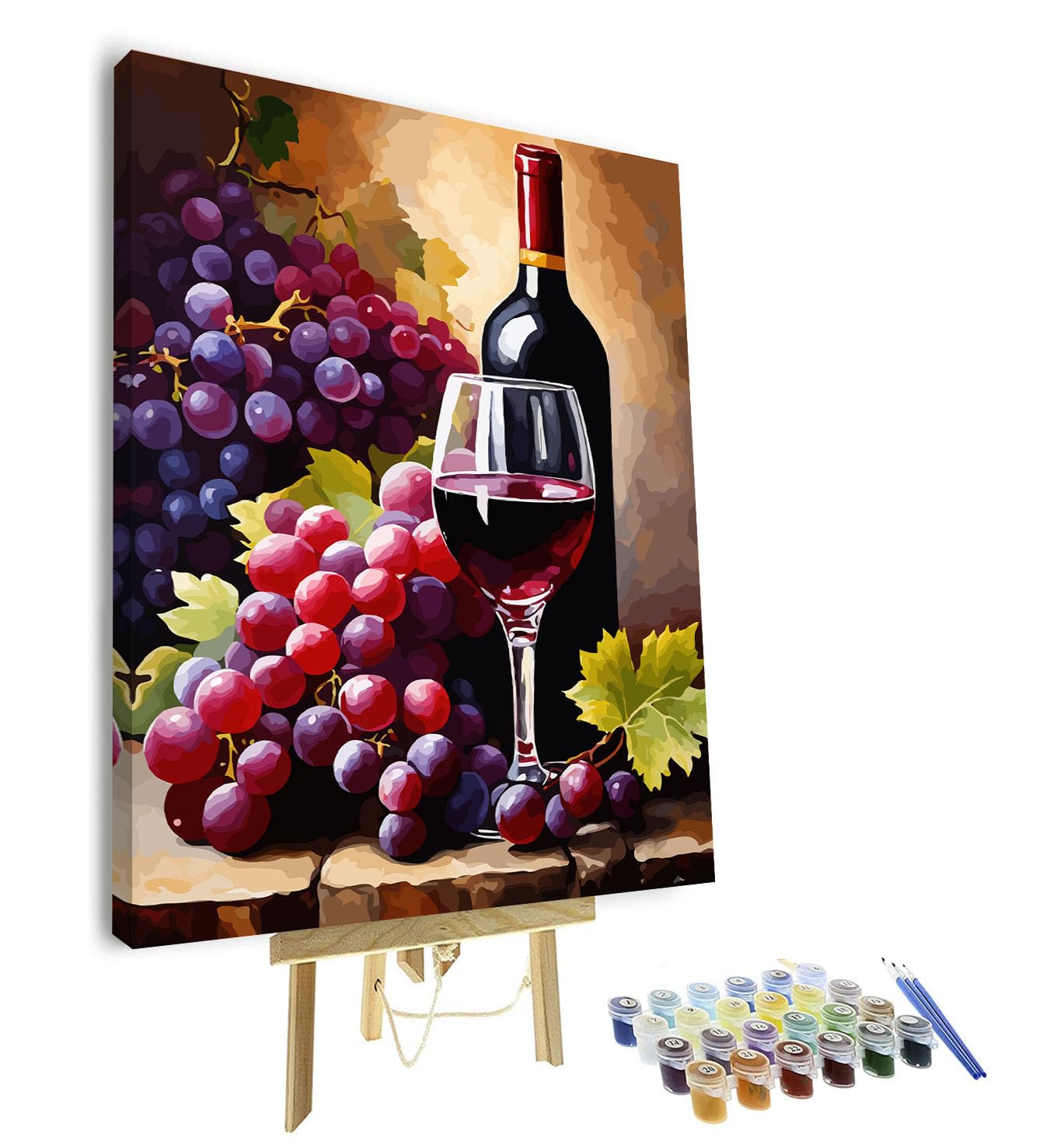 TISHIRON Paint by Numbers Kit for Adults, Elegant Red Wine Bottle with Grapes Still Life Art, DIY Canvas Kit for Beginners, Sip and Paint Kit for Adults - 16x20 Inch(Framed)