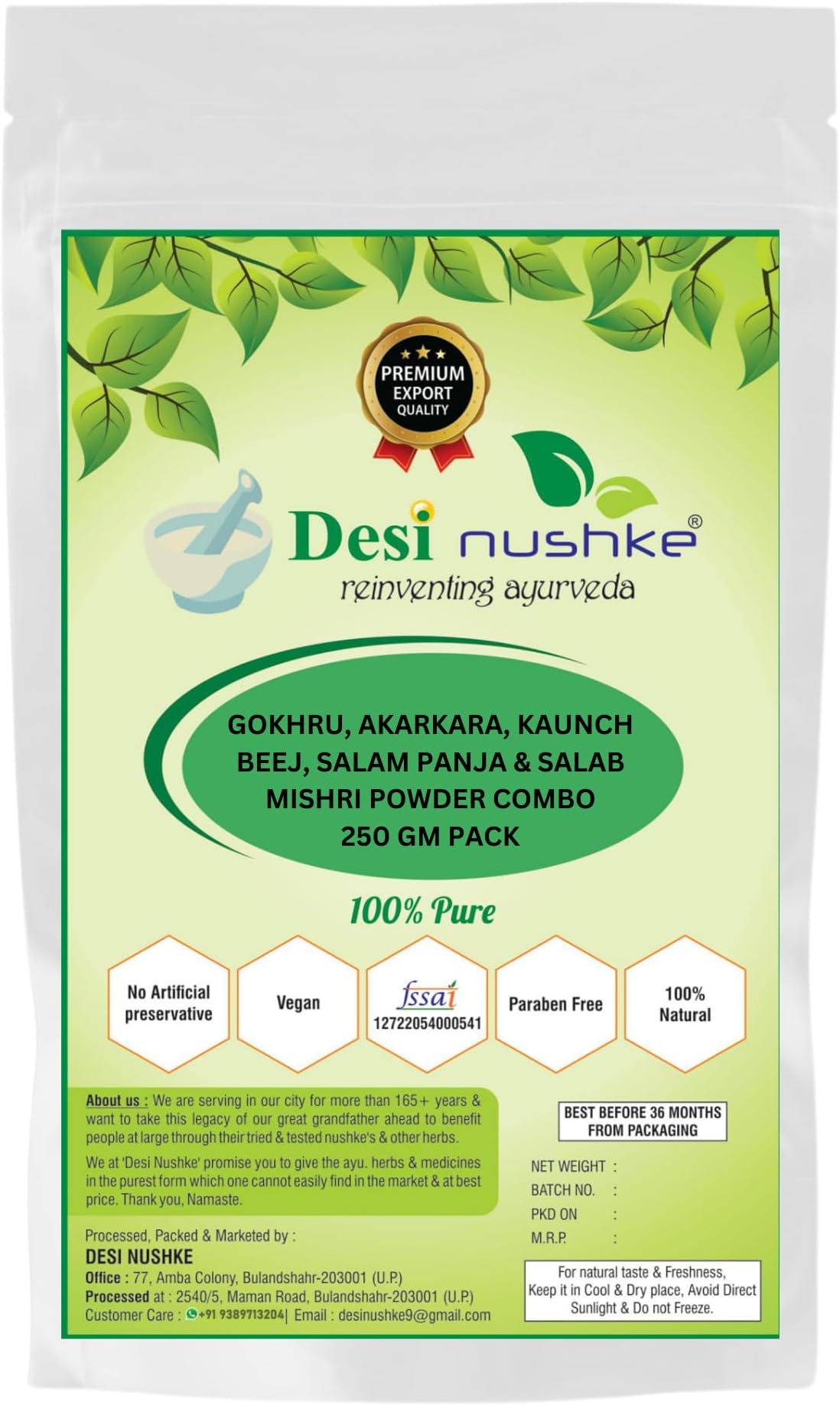Desi Nushke Gokhru,Salab Mishri,Kaunch Beej,Salam Panja & Akarkara Root Powder Combo | 250 GM | For Men