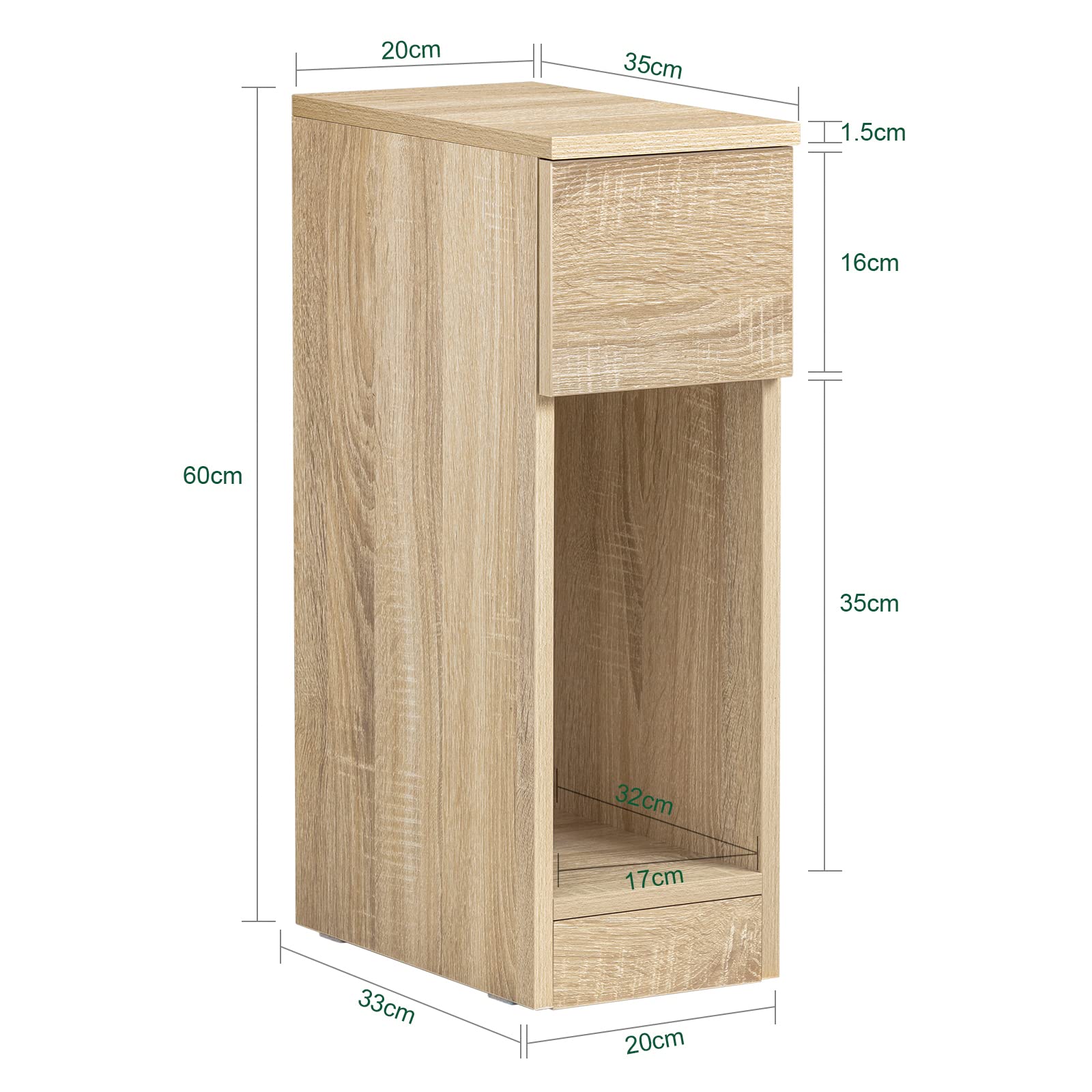 SoBuy Mesita de Noche Estrecha 20 cm con cajón Mesa de Noche ahorradora de Espacio & mesilla de Noche para Espacios pequeños Dormitorio salón Natural 20x35x60 cm FBT111-N