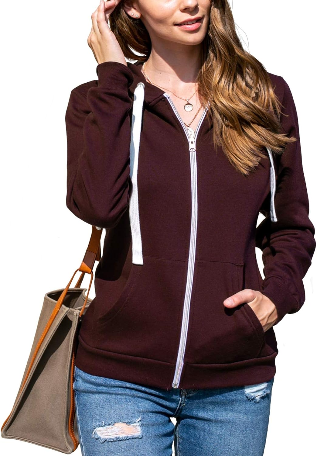 DOUBLJU Lightweight Thin Zip-Up Hoodie Jacket for Women with Plus Size Medium B_maroon