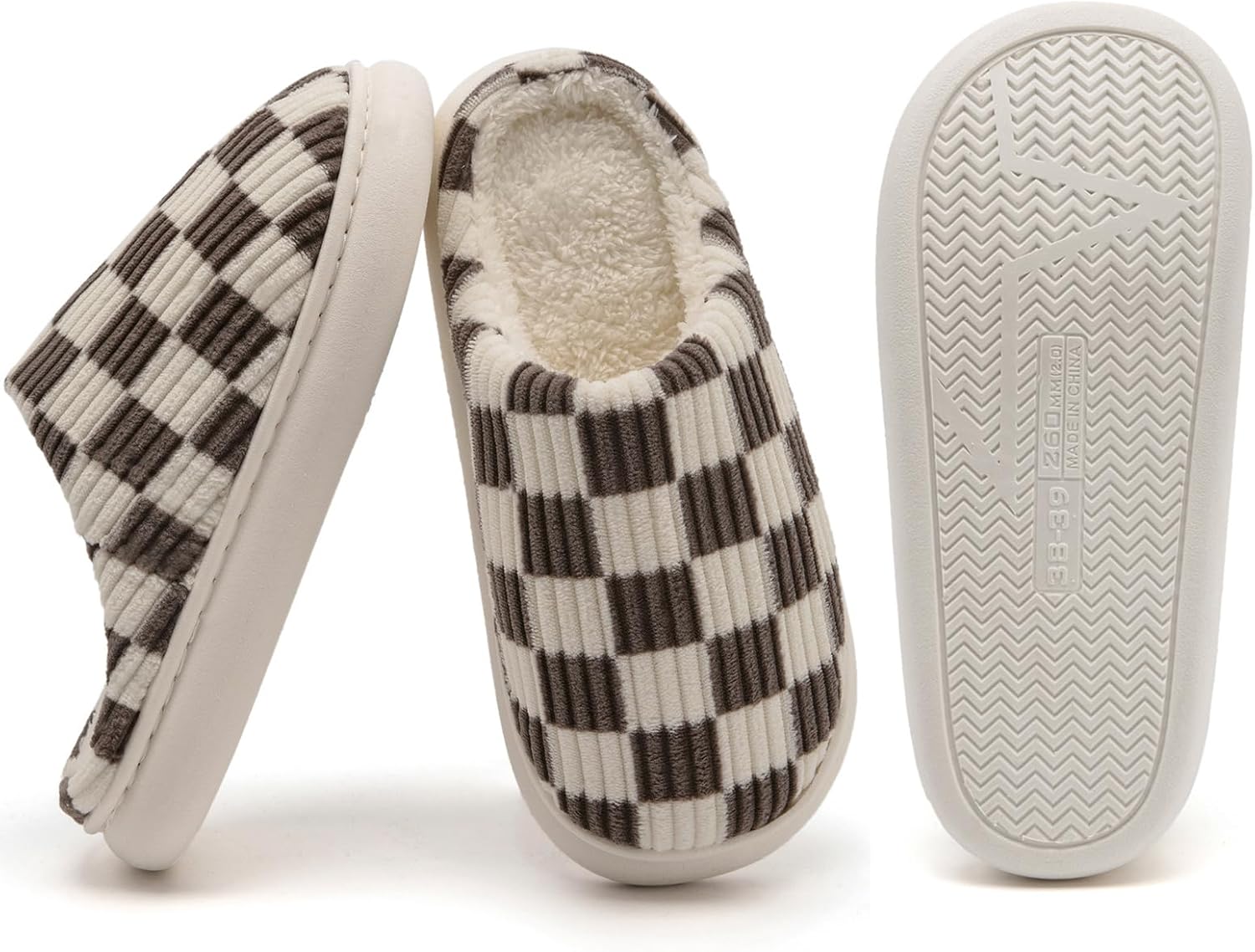 House Slippers for Woman Men, Fuzzy Checkered Mens Womens Slippers Warm Memory Foam House Shoes Indoor Outdoor with Faux Fur Lining - Image 3