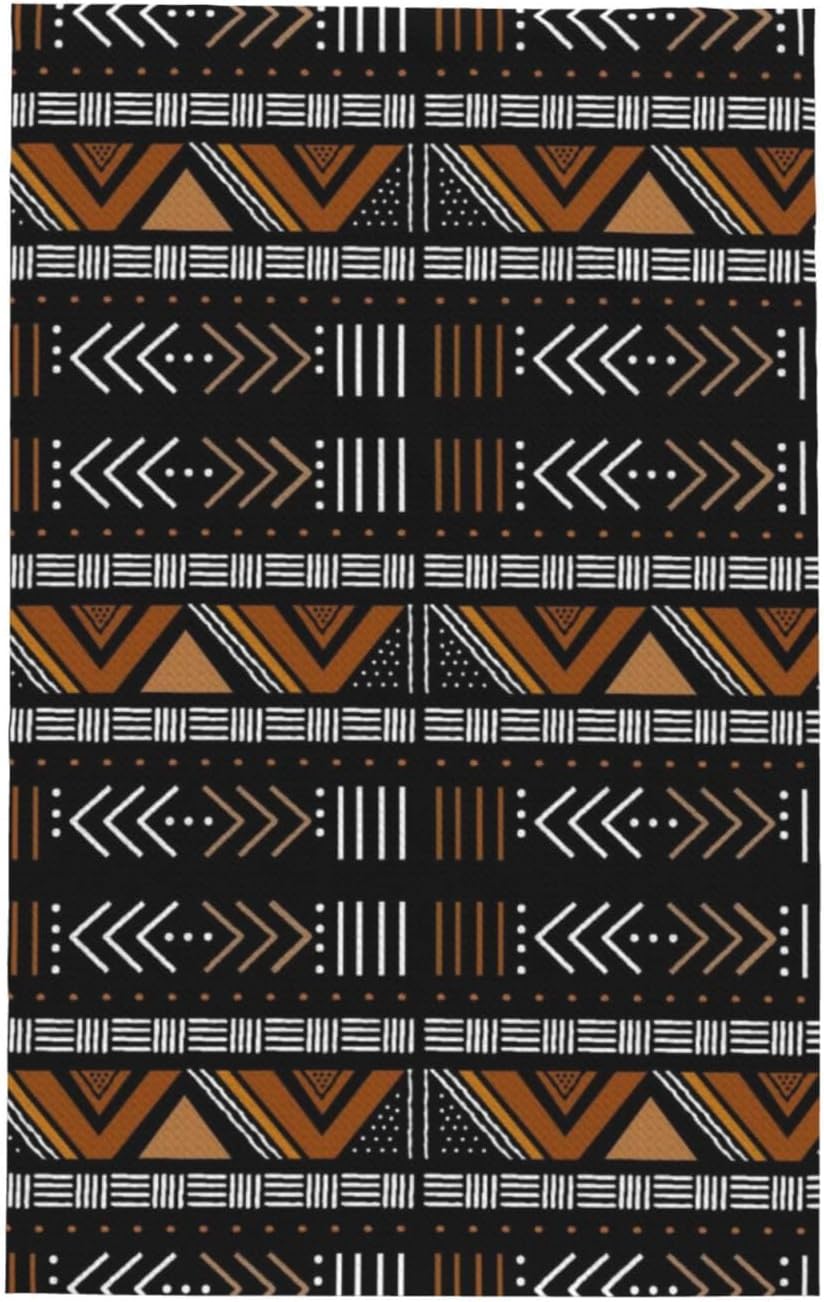 Brown Ethnic Geometric Waffle Kitchen Towels Set of 2 Rustic Mud Cloth Texture Dish Towels with Hanging Loop African Tribal Absorbent Hand Towel for Home Cooking Bathroom 16 x 26 Inch image 2