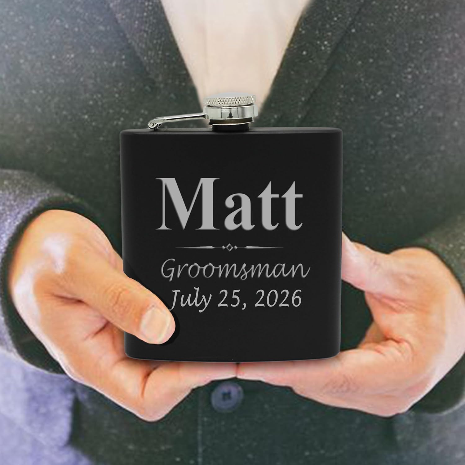 My Personal Memories Set of 1, 2, 3, 4, 5, 6, 7, 8 Personalized Black Flask - Custom Engraved Groomsmen, Best Man, Groom Gift Flasks - 3 Lines Style (3)