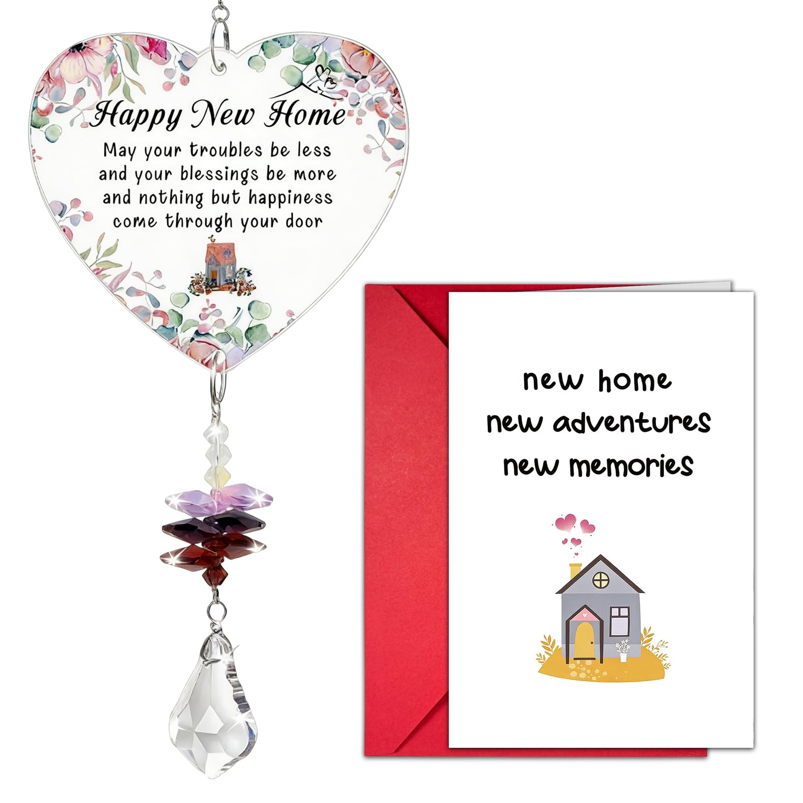 New Home Gifts, House Warming Gifts New Home with Greeting Card, Exquisite Heart Crystal Suncatcher is Suitable for Bedrooms,Windows,Balcony