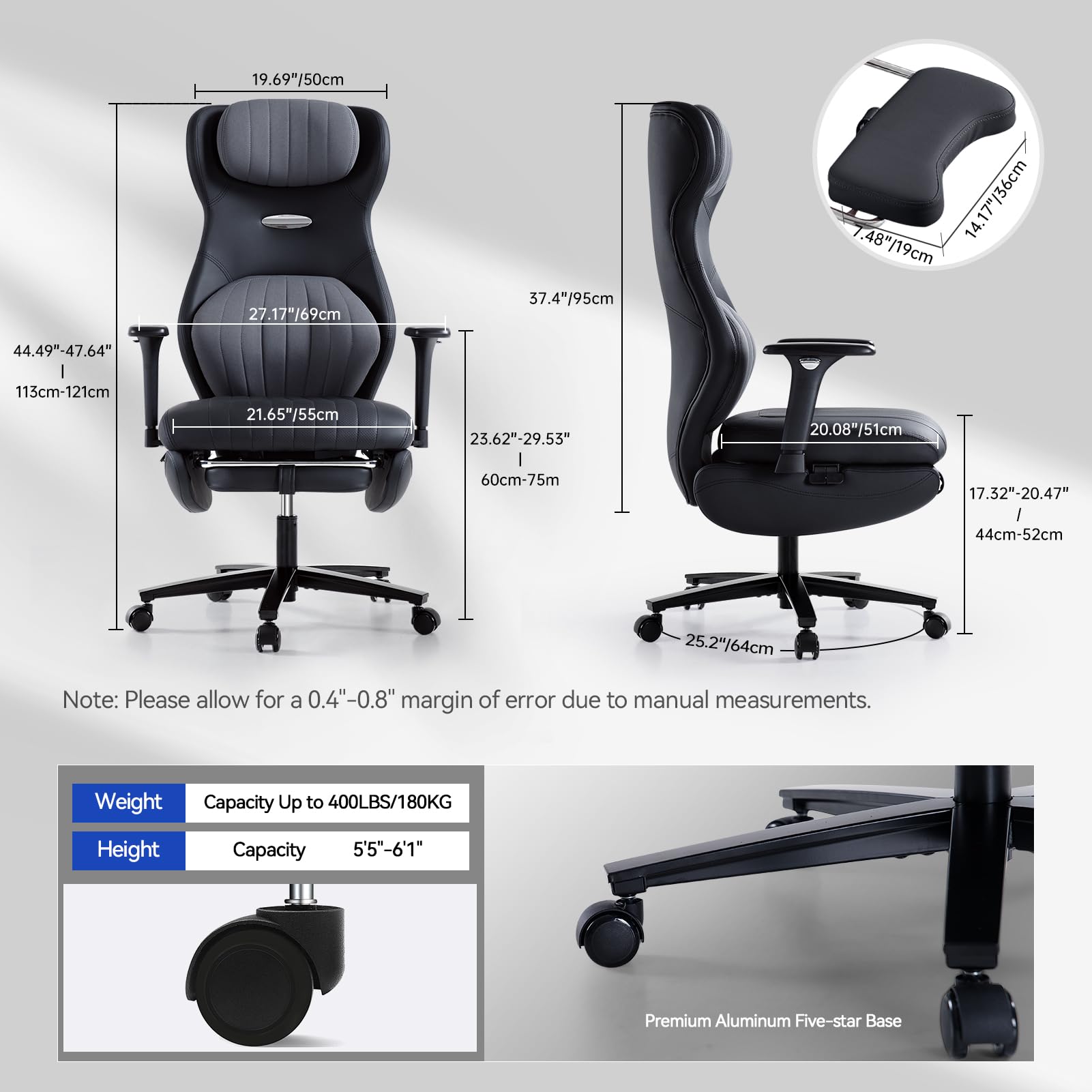 EMIAH Silla Oficina Ergonómica, Silla de Escritorio Reclinable con Reposapiés, Reposabrazos Ajustables, Silla Game de Respaldo Alto, Silla de Ordenador Ejecutiva con Soporte Lumbar, Cuero PU (Negro)