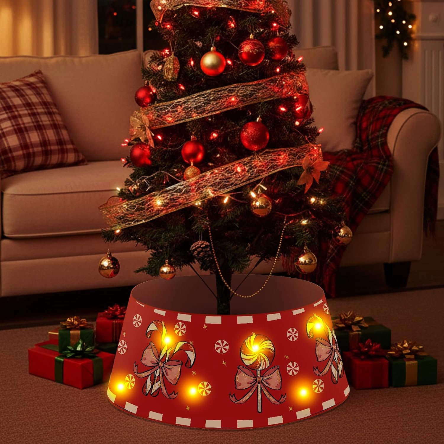 Christmas Candy Cane Tree Collar with LED Light Red Tree Skirt Blue Ring Base Cover for Christmas Trees Decoration Holiday Indoor Outdoor