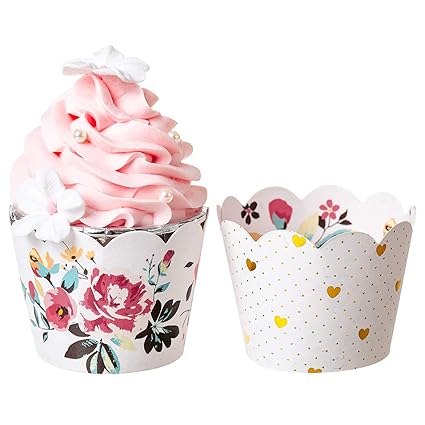 WDJLMLP Vintage flower Cupcake Wrappers, Adjustable Double Sided Gold Heart and Watercolor Flower Party Cupcake Wrappers for Birthday, Birthday Parties, Baby Bridal Showers, Wedding - (38PCS/Pack)