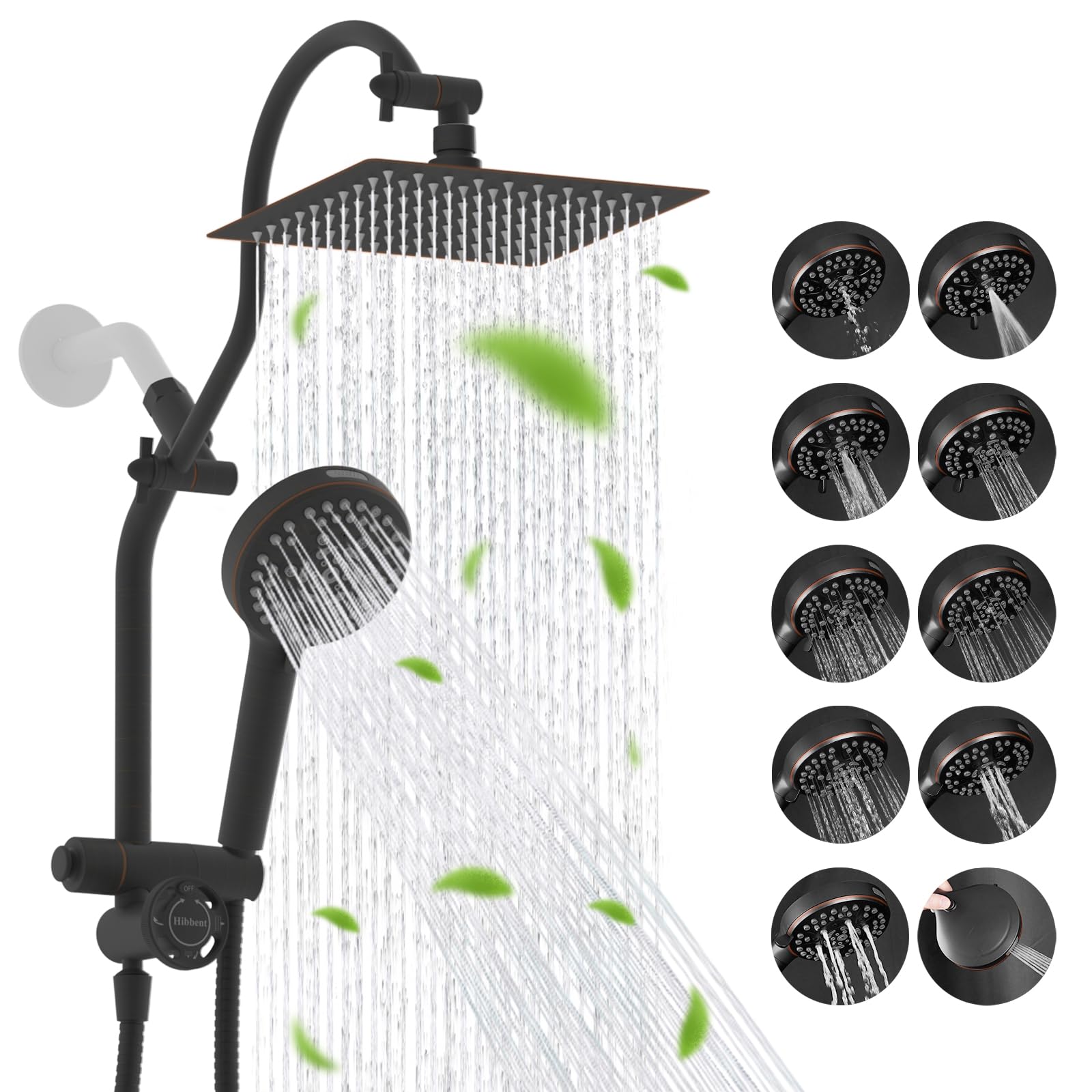 Hibbent High Pressue All Metal 8" Rainfall Shower Head, Handheld 10-Spray