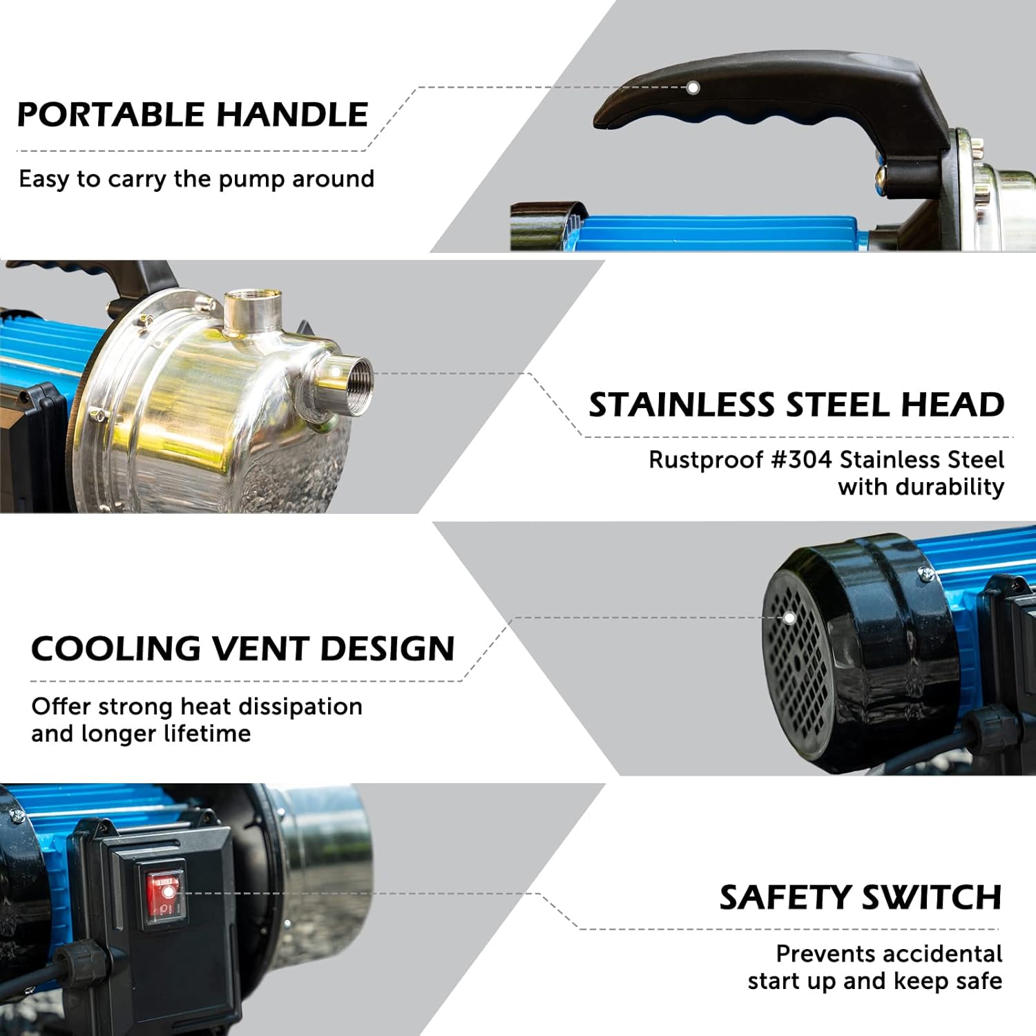 Close-up of pump showing portable handle, stainless steel head, cooling vent, and safety switch