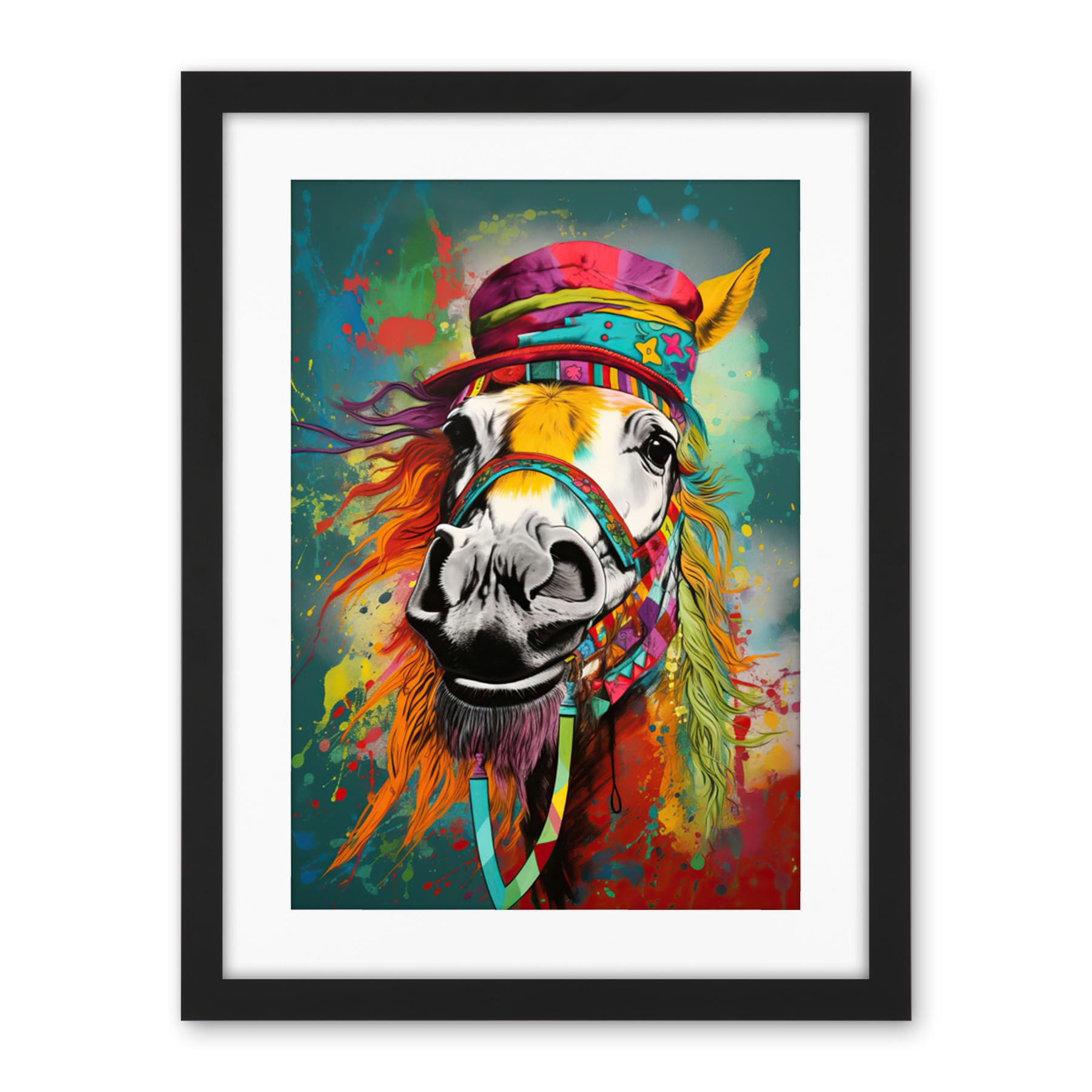 Artery8 Hippie Horse with Multicoloured Hat and Bridles Artwork Framed Wall Art Print 18X24 Inch