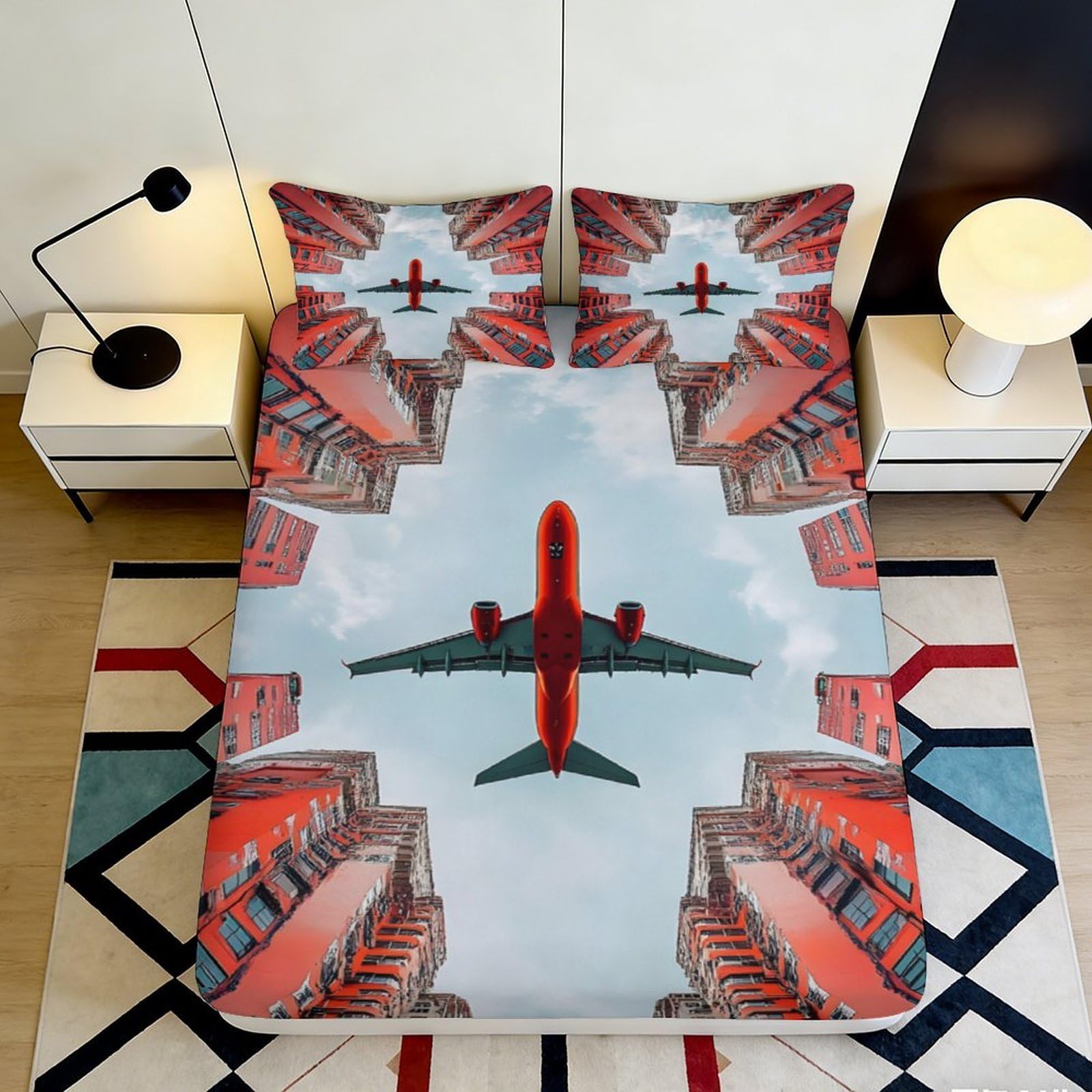 Pnayamiorkfel Style-8 3D Printed Red Airplane City Fitted Sheet Microfiber Soft Breathable Urban Architecture Bed Cover For Bedroom Dorm Decor 90X200x25cm