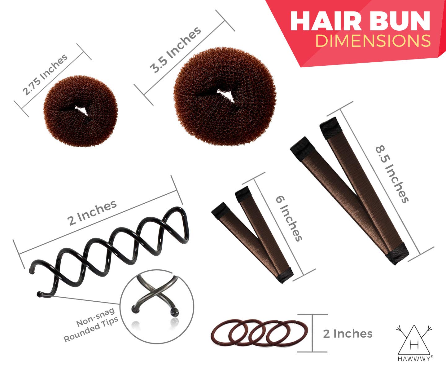 Hawwwy 12-piece Hair Bun Maker - Easy Fast Bun Tool, Short Long Thin Hair Women Girls Kids Toddler - Hair Accessories for Women - Brown Small & Large (2 Donuts,2 Magic Snap & Roll, 4 Spin Pins)