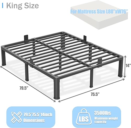 Miniatura 51 de Base de cama de tamaño matrimonial de 18 pulgadas con patas de esquina redondas, tapón deslizante de colchón, plataforma de metal resistente de 3500