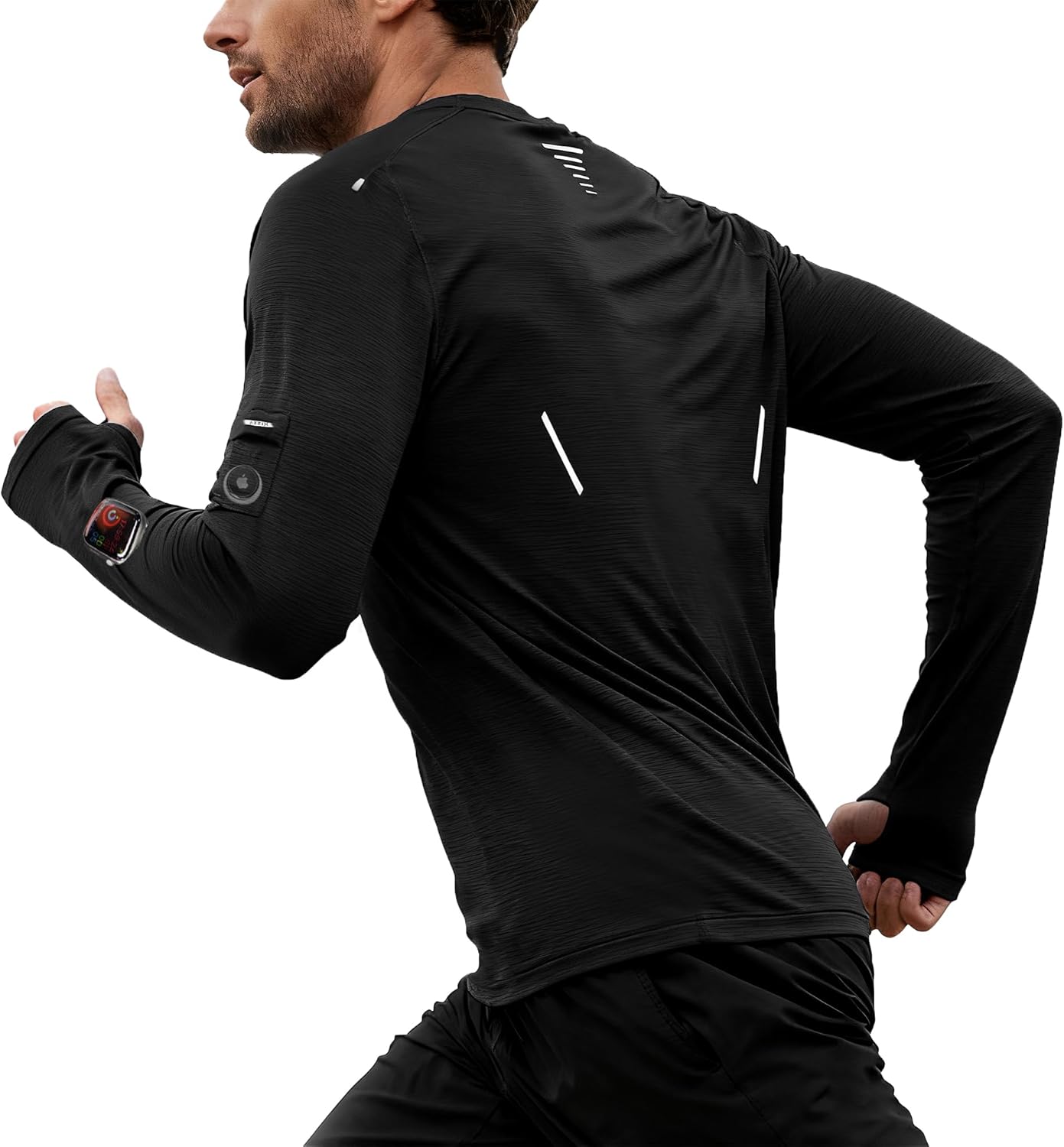 Men's Reflective Long Sleeve Running Shirt for Men, Watch & Thumb Hole - Quick Dry Athletic Top, Night Running, Hiking - Image 2