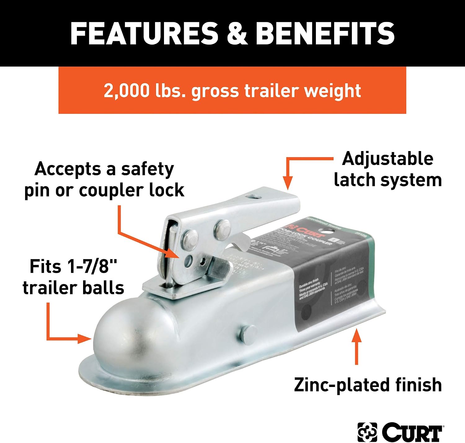 Curt Manufacturing K-5128 Class 1 2000 Gtw 1 7/8 in Ball 2 in Channel Zinc Plated