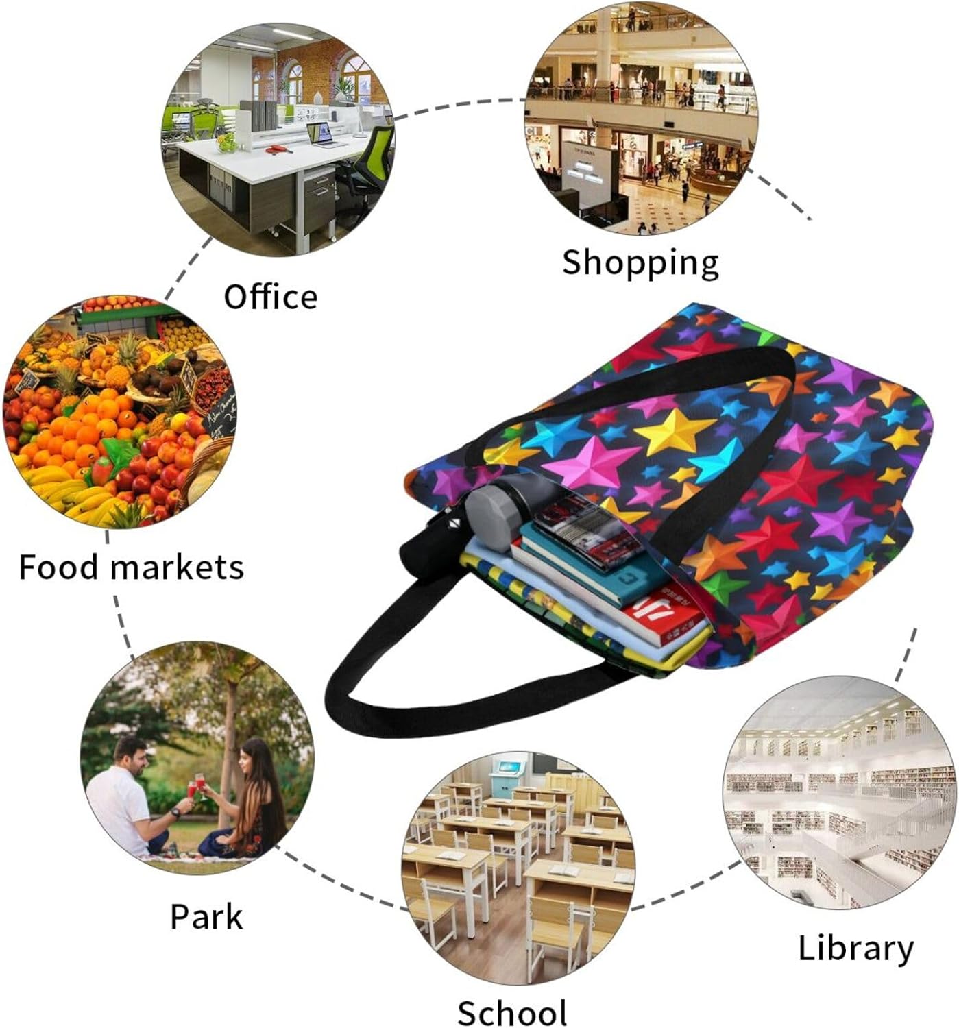color stars Print Comfortable Summer Shoulder Bag Canvas Tote Travel Beach Hiking Shopping Weekend