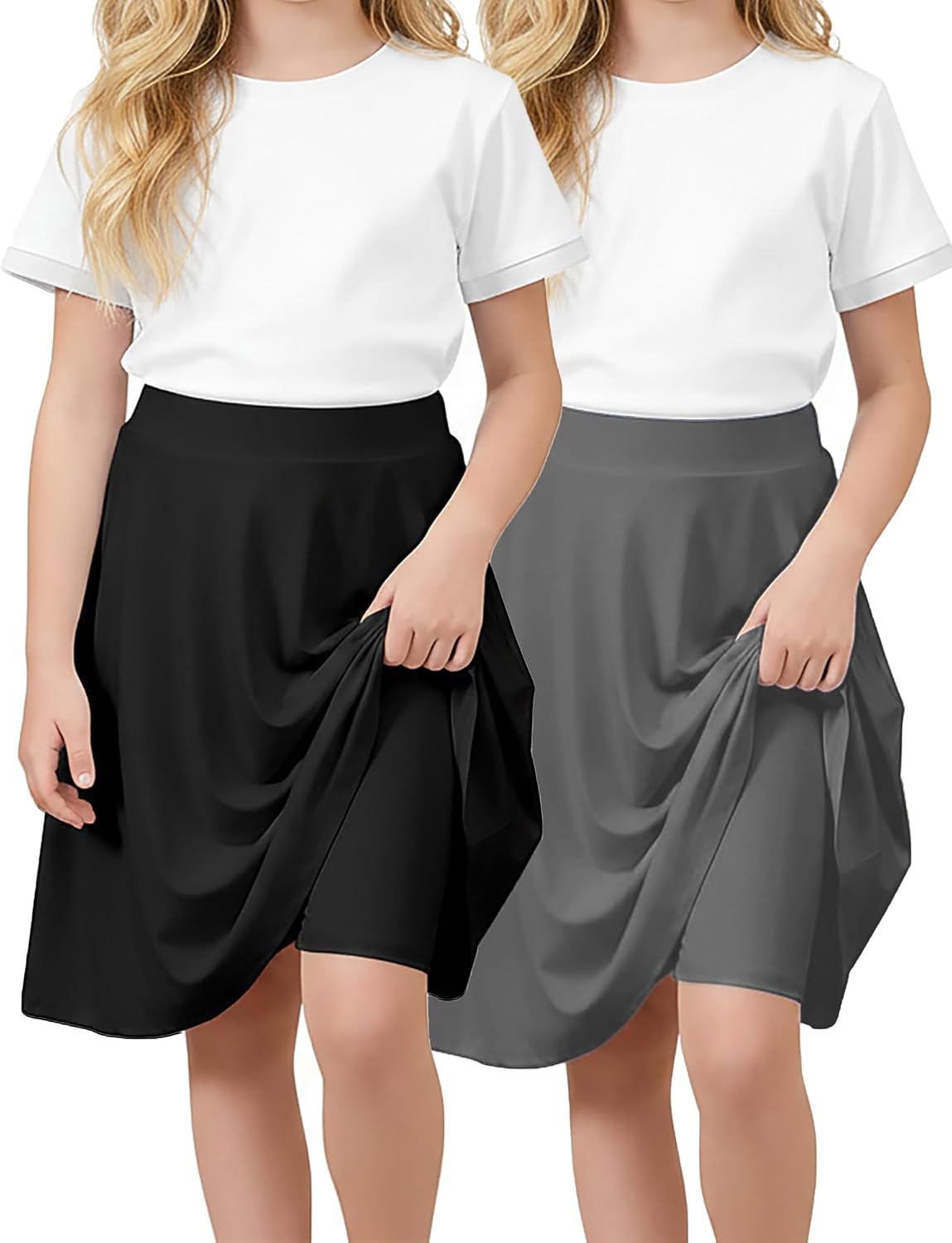2 Pack Girls Skorts Knee Length A Line Skirt with Built-in Shorts Athletic School Uniform Skirts for Teen