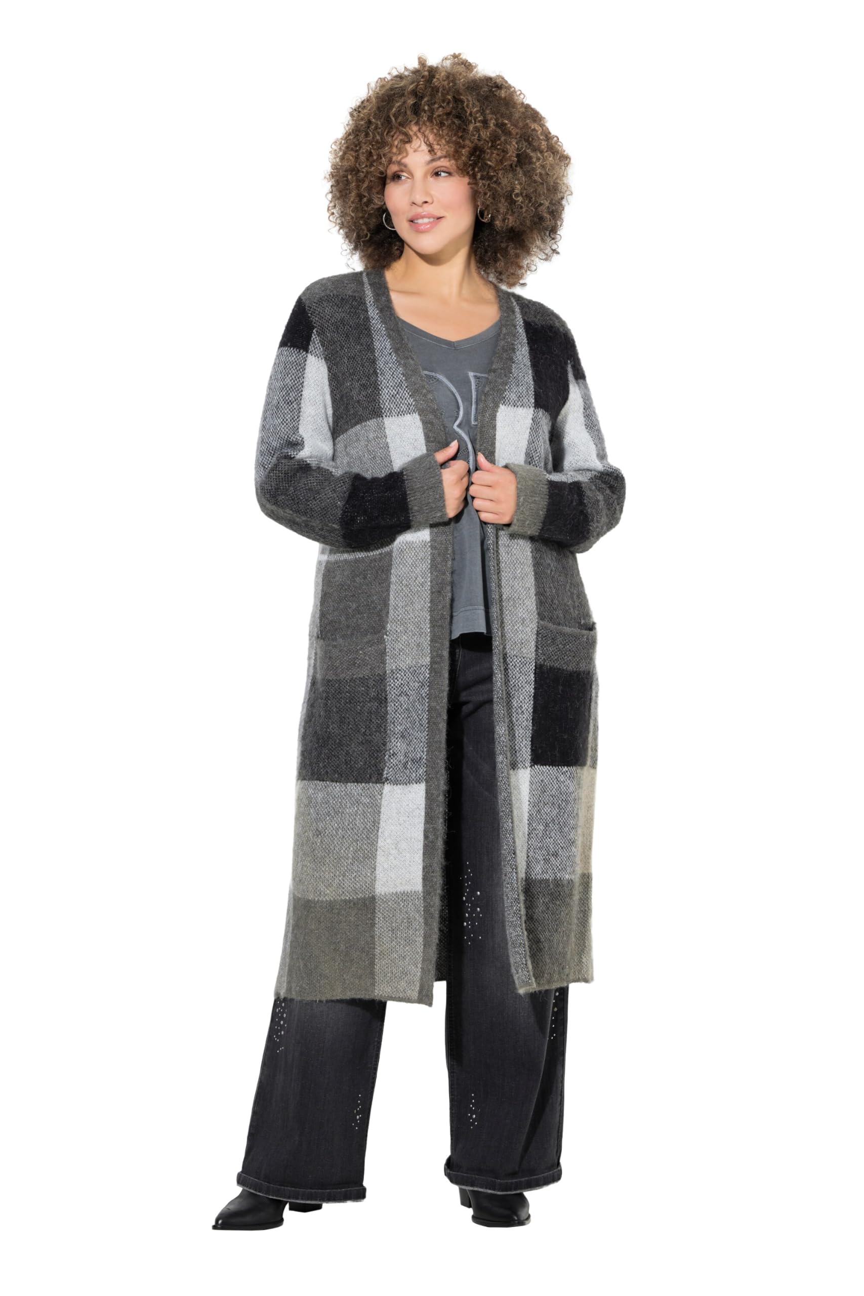 Ulla Popken Damen große Größen Übergrößen Plus Size Long-Strickjacke, Karo, offenes Modell, Taschen 831654