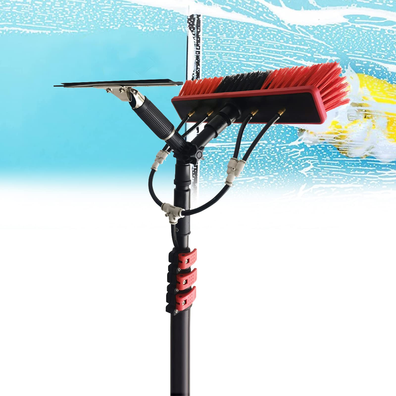 ASerZenith 36Ft Water Fed Telescopic Window Cleaning Pole With Hose Spray Outdoor Solar Panel Brush Kit Extendable 10.8M Pole,Size-18Ft(5.4M)