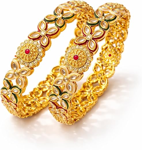 Swara Creations Traditional Gold Plated Studded Stone Textured Handcrafted Bangles | Latest Stylish Traditional Kada Bangl...