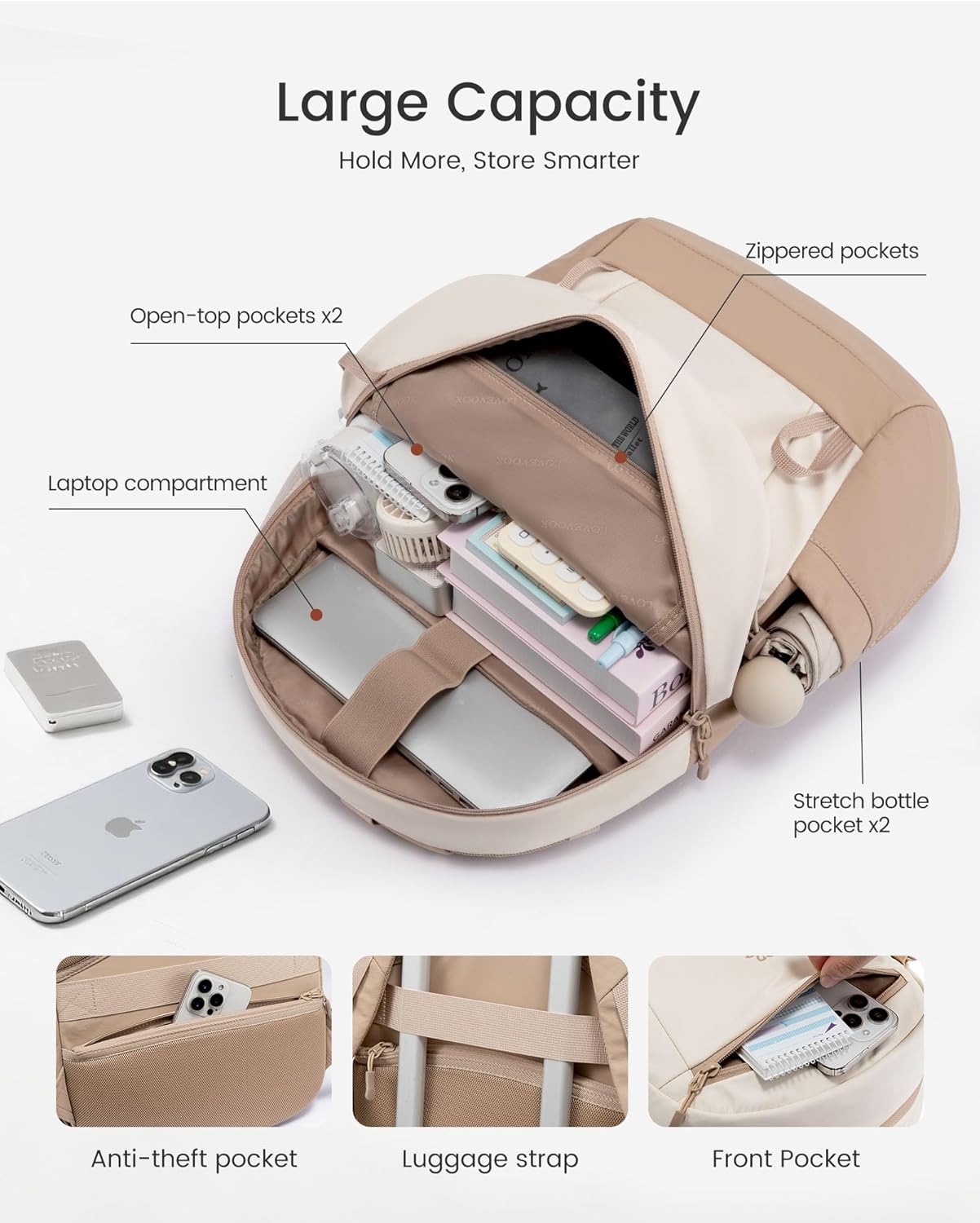 LOVEVOOK Small Travel Backpack for Women, Water-Resistant Hiking backpack with chest strap, Lightweight Casual Daypack Khaki-beige Small image 2 of 6 B0F9L2SLYK