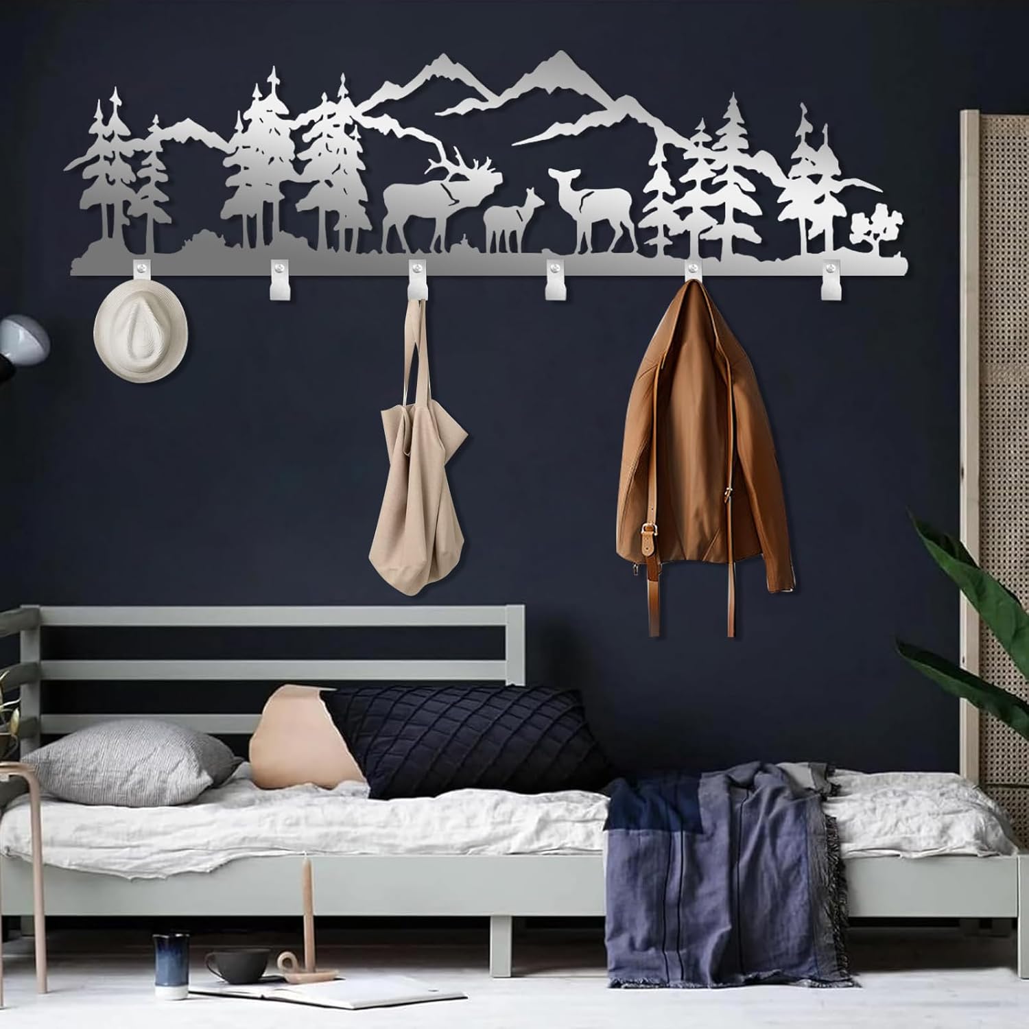 Deer and Forest Coat Rack, Metal Forest Mountain Wall Mount, Nature Landscape Coat Rack, Metal Wall Mounted Coat Hooks Hanger, Home Wall Decor (Black, 9"x35"|24x90cm)