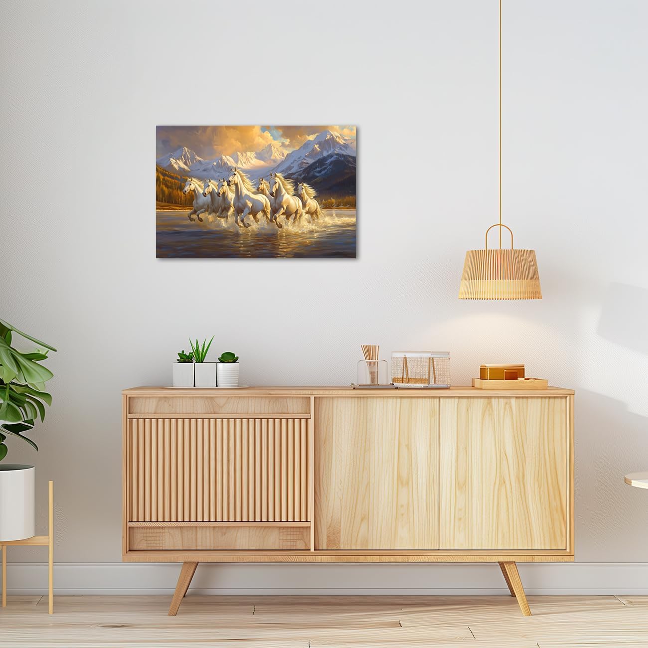 AWPANERAR Horse Canvas Wall Art White Horse Running in Beach Picture Seven Wild Horses Paintings Country Animal Portrait Large Animal Artwork Bedroom Decor Framed (White, (12L x 18W))