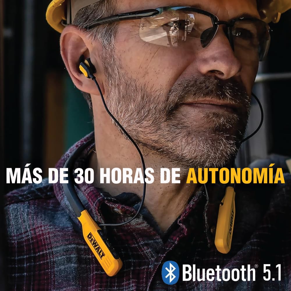 DEWALT Auriculares Resistentes con Bluetooth, Auriculares inalámbricos Alrededor del Cuello con 30 H de Tiempo de ejecución + Aislamiento de Ruido, Auriculares inalámbricos magnéticos Seguros