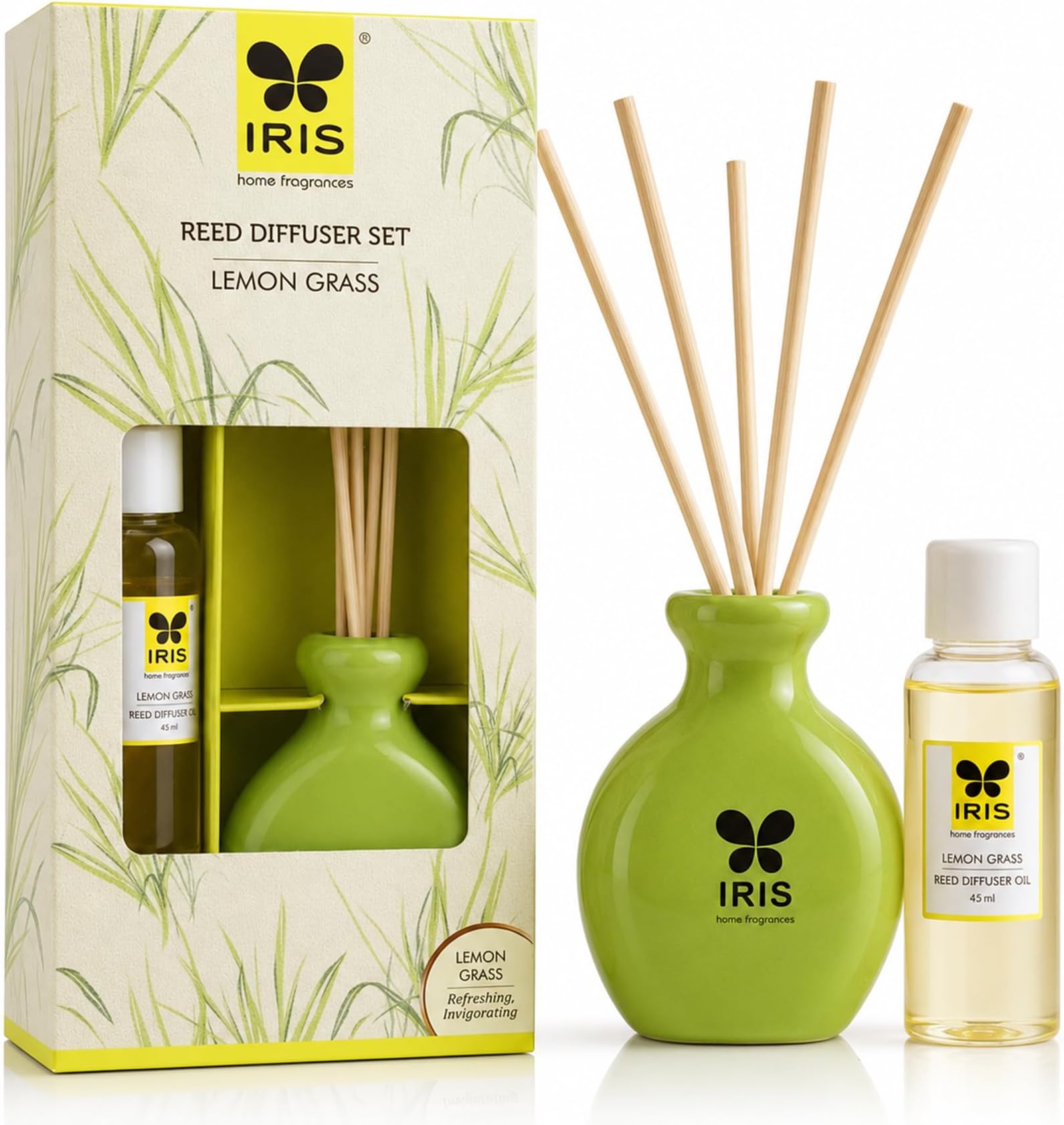 Lemongrass Reed Diffuser Set | 45ml Oil + 6 Reed Sticks + Ceramic Pot | Long-Lasting Home Fragrance for Bedroom, Living Room & Office | Ideal for Gifting