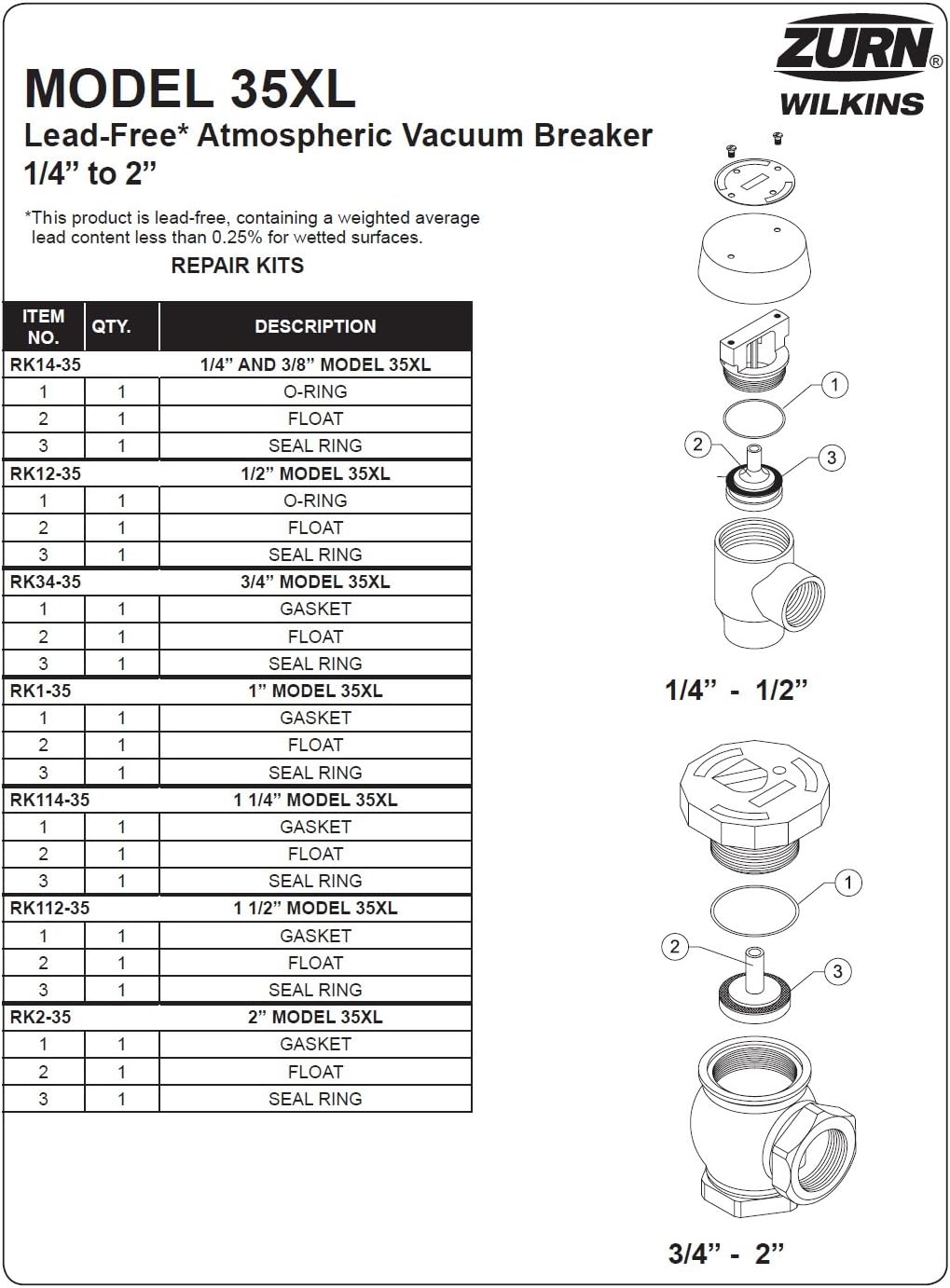 Wilkins RK114-35 Repair Kit for 1-1/4" Model 35 & 35XL Atmospheric Vacuum Breaker. Includes Bonnet, Float (Poppet), Seal Ring and O-Ring (1-1/4")