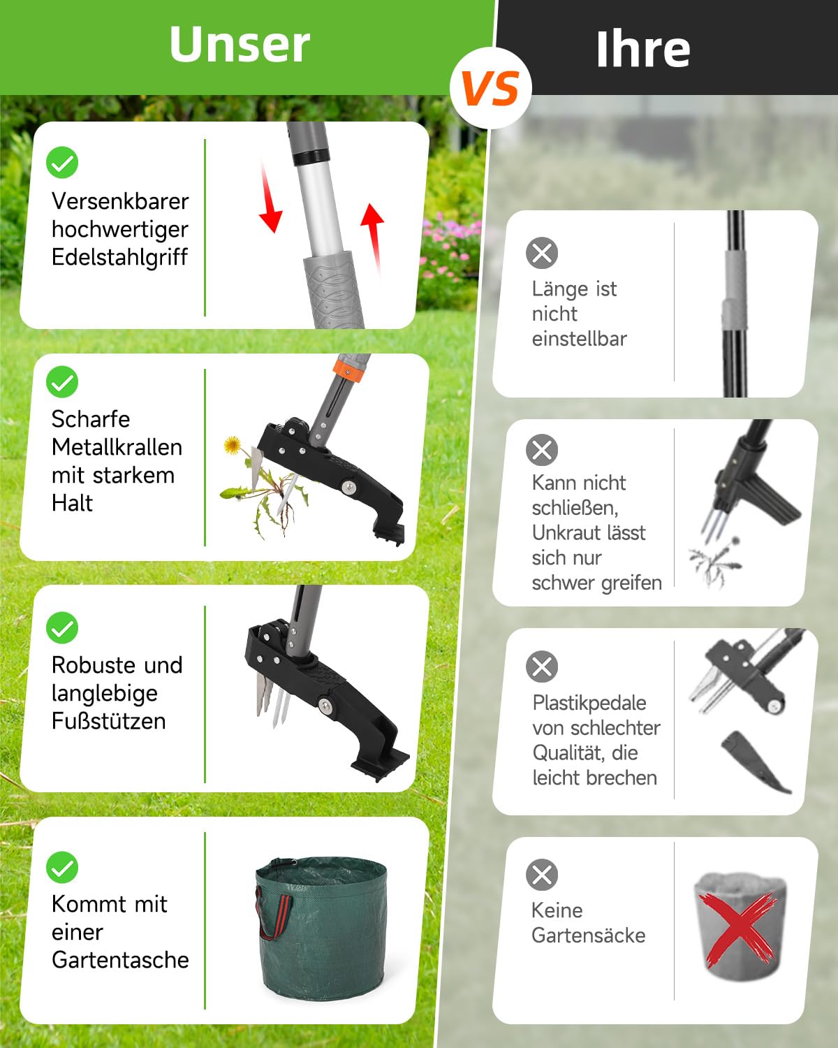 HAUSPROFI Unkrautstecher mit Stiel Teleskop (Länge 91 CM-117 cm) + 50L Gartensack, Unkrautausstecher mit 4 Edelstahl Krallen, Automatisches Zurückspungsdesign