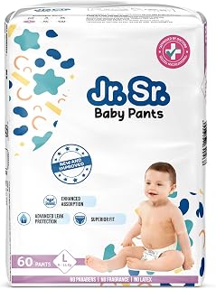 Jr. Sr. Baby Diaper Pants | Large (L) Size (9-14 kg), 60 Count | Pack of 1 | Upto 12 hr Absorption with Advanced Leak Prot... Price In India